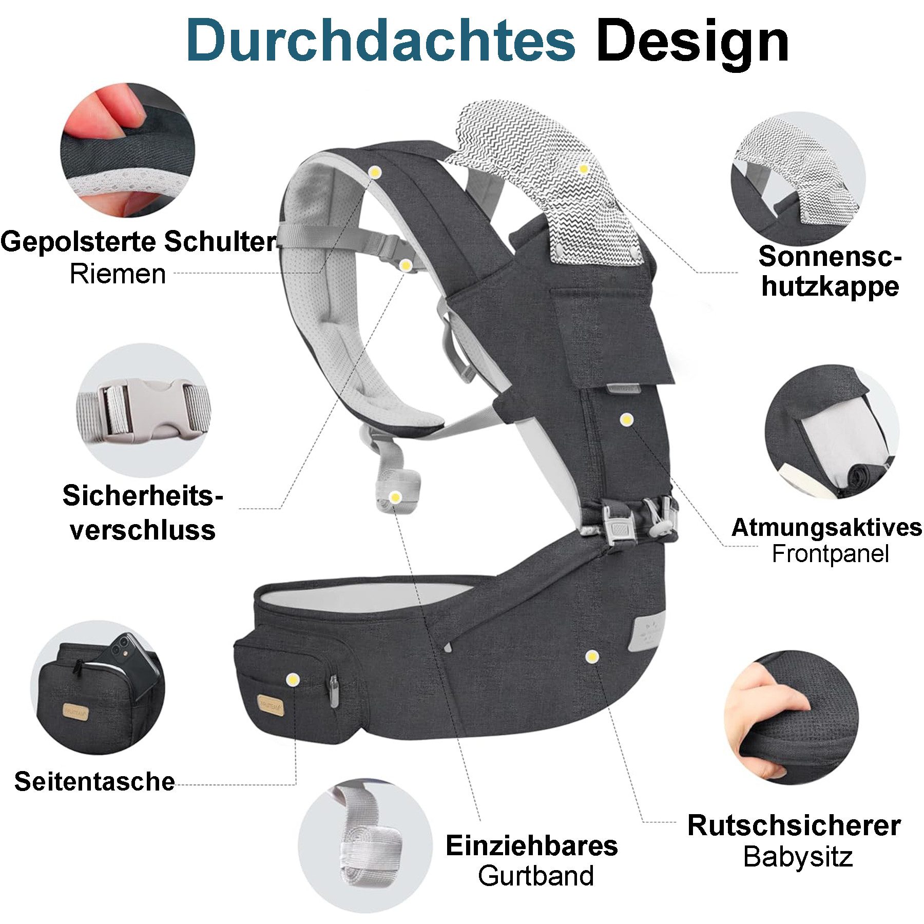Mutig Bauchtrage Babytrage mit Hüftsitz/reine Baumwolle hellblau (Geeignet für Babys von 3–36 Monaten und 3,2–18 kg Körpergewicht, Aus 100 % Baumwolle und robustem Kunststoff gefertigt,Atmungsaktiv), ideales Geschenk zur Geburt, Babyparty oder für junge Eltern