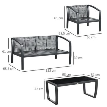 Outsunny Sitzgruppe 1 Glastisch, 1 Sofa, 2 Sessel, wetterbeständig, (Gartengruppe, 4-tlg., Gartenmöbel-Set), Grau, Schwarz 123L x 68,5B x 61H cm