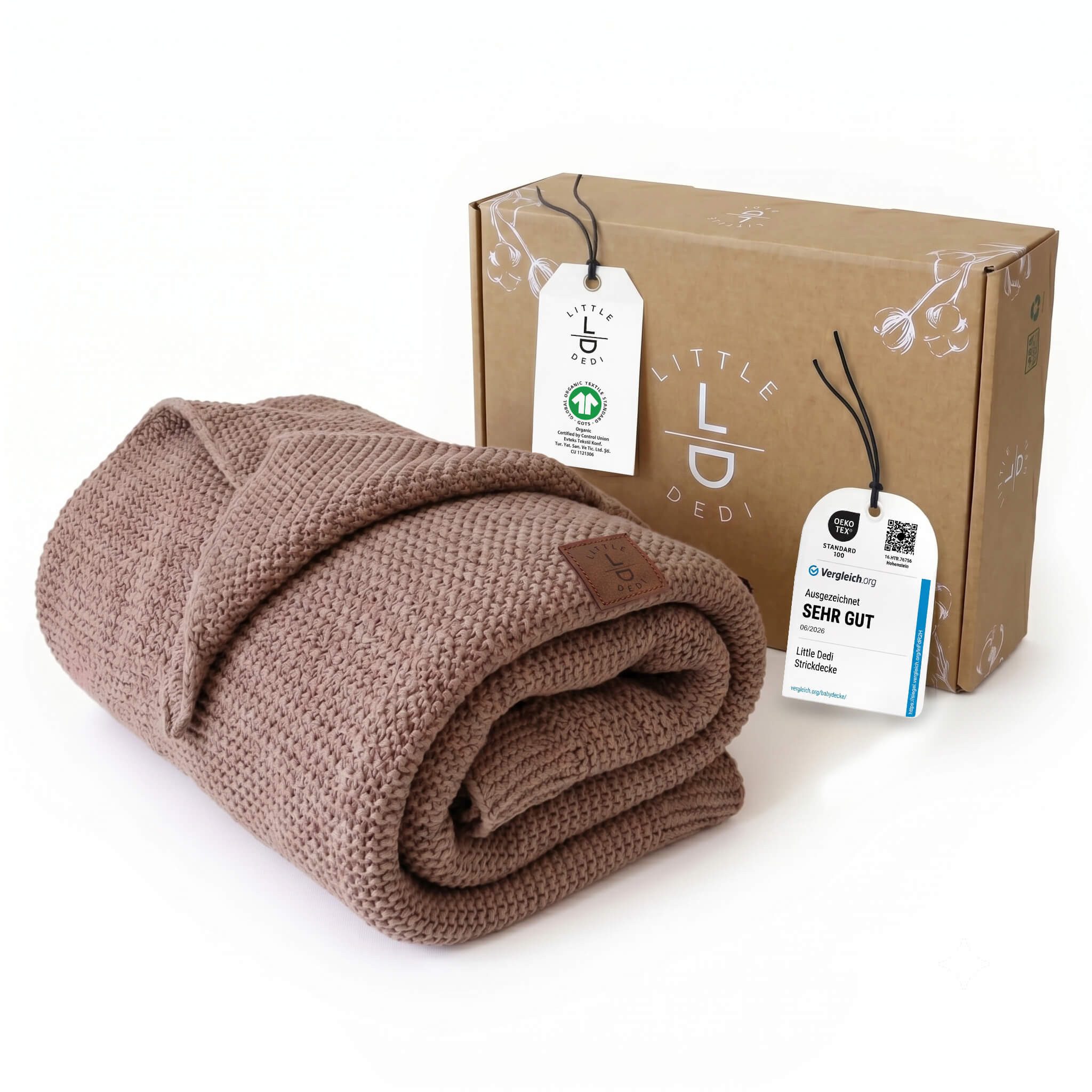 Babydecke Baby Strickdecke, %100 Bio Baumwolle, Atmungsaktiv, 80x100cm, Braun, Little Dedi