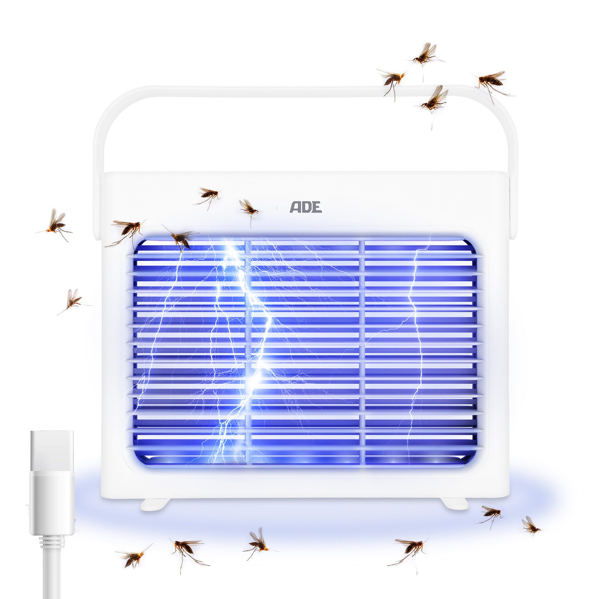 ADE Insektenvernichter akkubetrieben (24 Std. Laufzeit), mit UV-Licht, 3.000 Volt, gegen Schnaken, Gelsen, Moskitos, Stechmücken