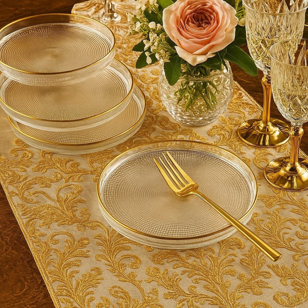 Jungengel Dessertteller 6er Set Glas mit Goldrand Kuchenteller Glasteller Vorspeisenteller, (6 St), Edles 6er Glas Dessertteller mit Goldrand, stapelbar & pflegeleicht