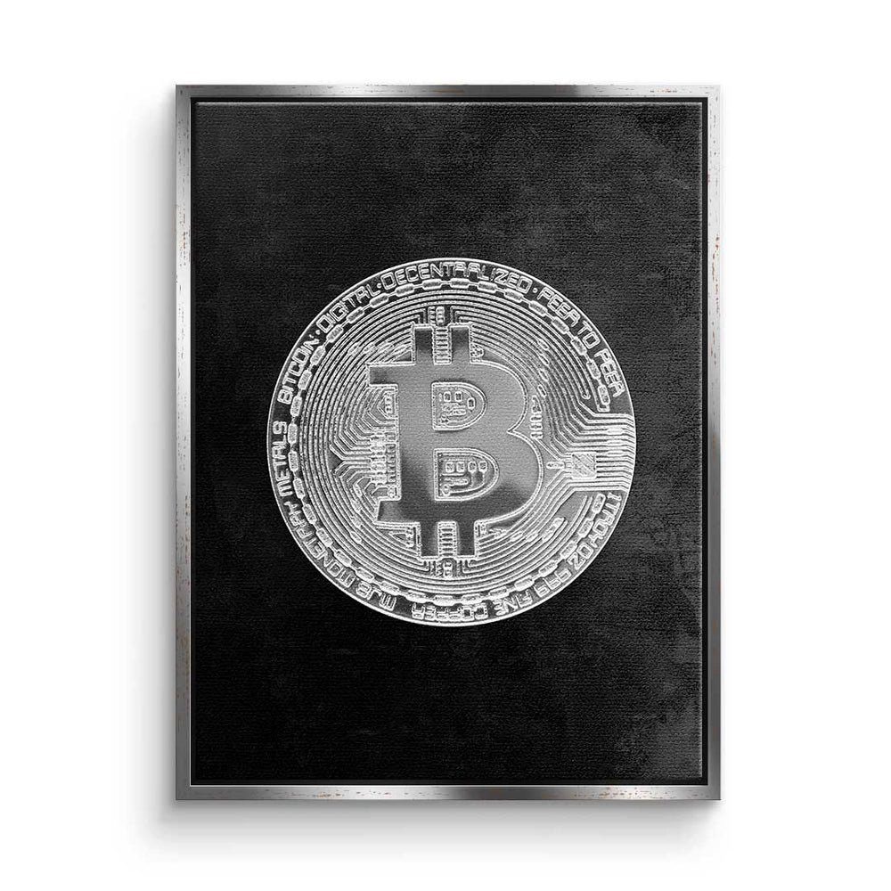 DOTCOMCANVAS® Leinwandbild Black Bitcoin, Premium Leinwandbild - Crypto - Black Bitcoin - Trading - Motivation silberner Rahmen