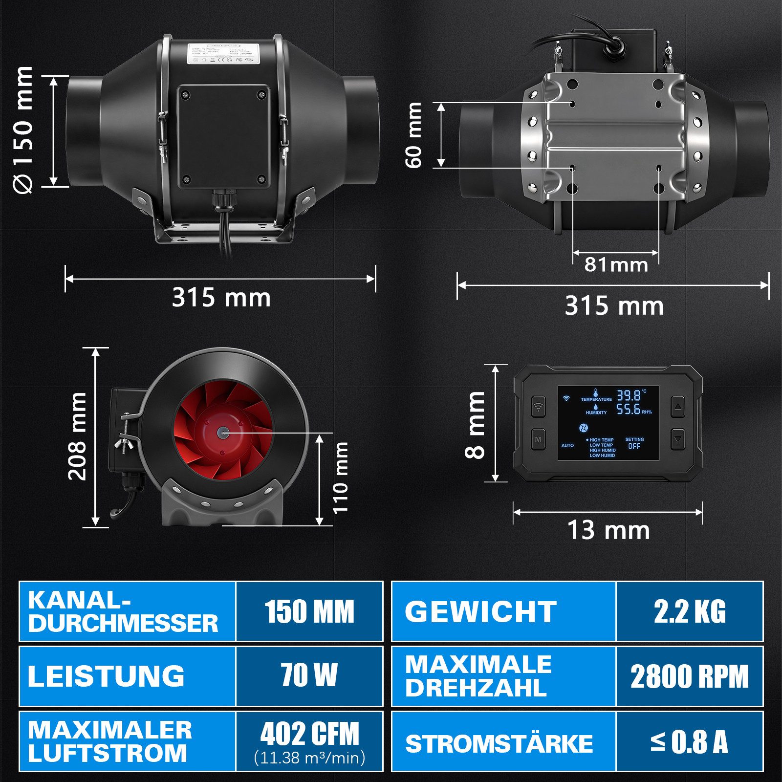 XERSEK Badlüfter 150mm Smart-Steuerung Rohrventilator Kanalventilator, EC-motor 683m³/h, Rohrlüfter mit Temp.-/Feuchtesensor für Bad Küche Growzelt Maschinen