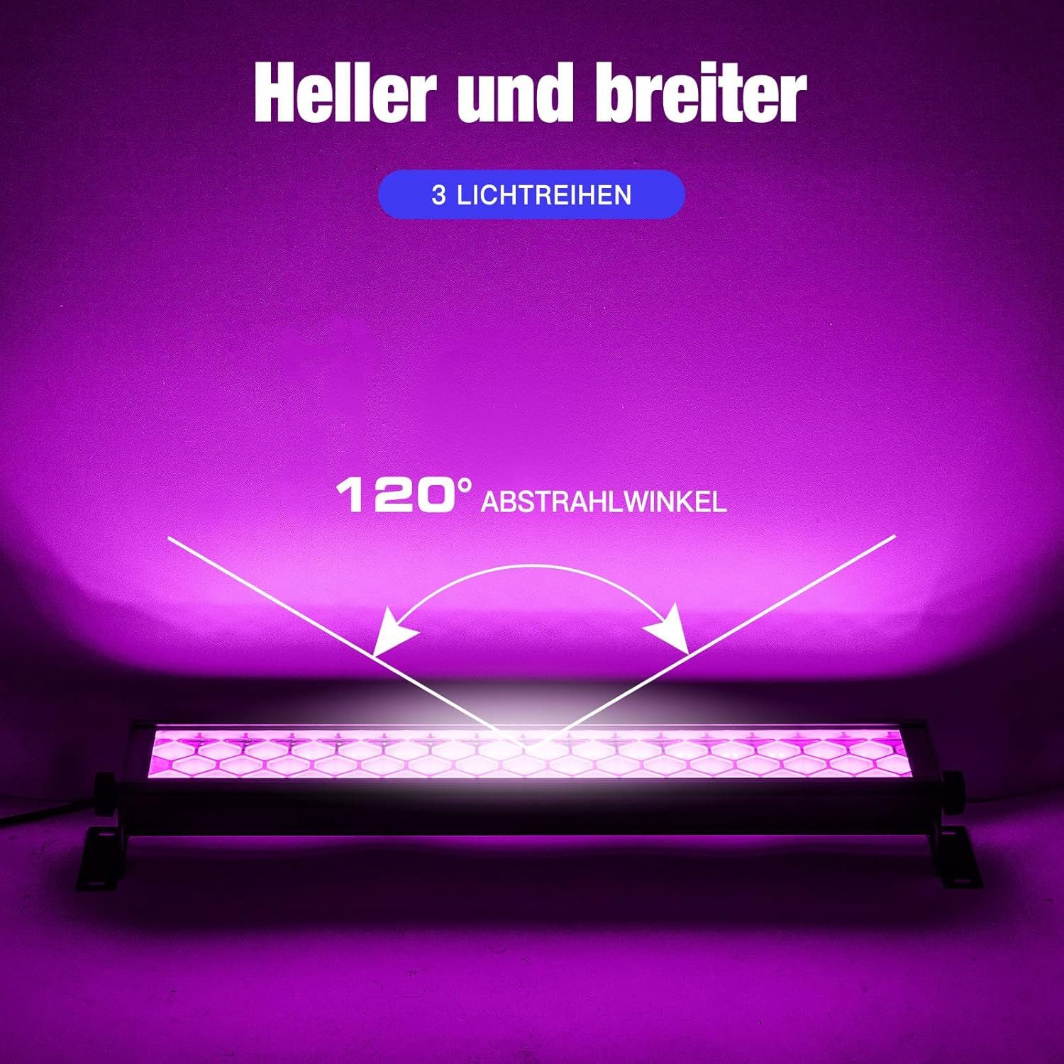Anpro Discolicht 72W LED UV Schwarzlichtlampe mit 3 fluoreszierenden Klebebändern, 48 UV-LEDs, 72 Watt Gesamtleistung, LED-Technik, 385–400 nm Wellenlänge, UV S – Bild 4 von 5