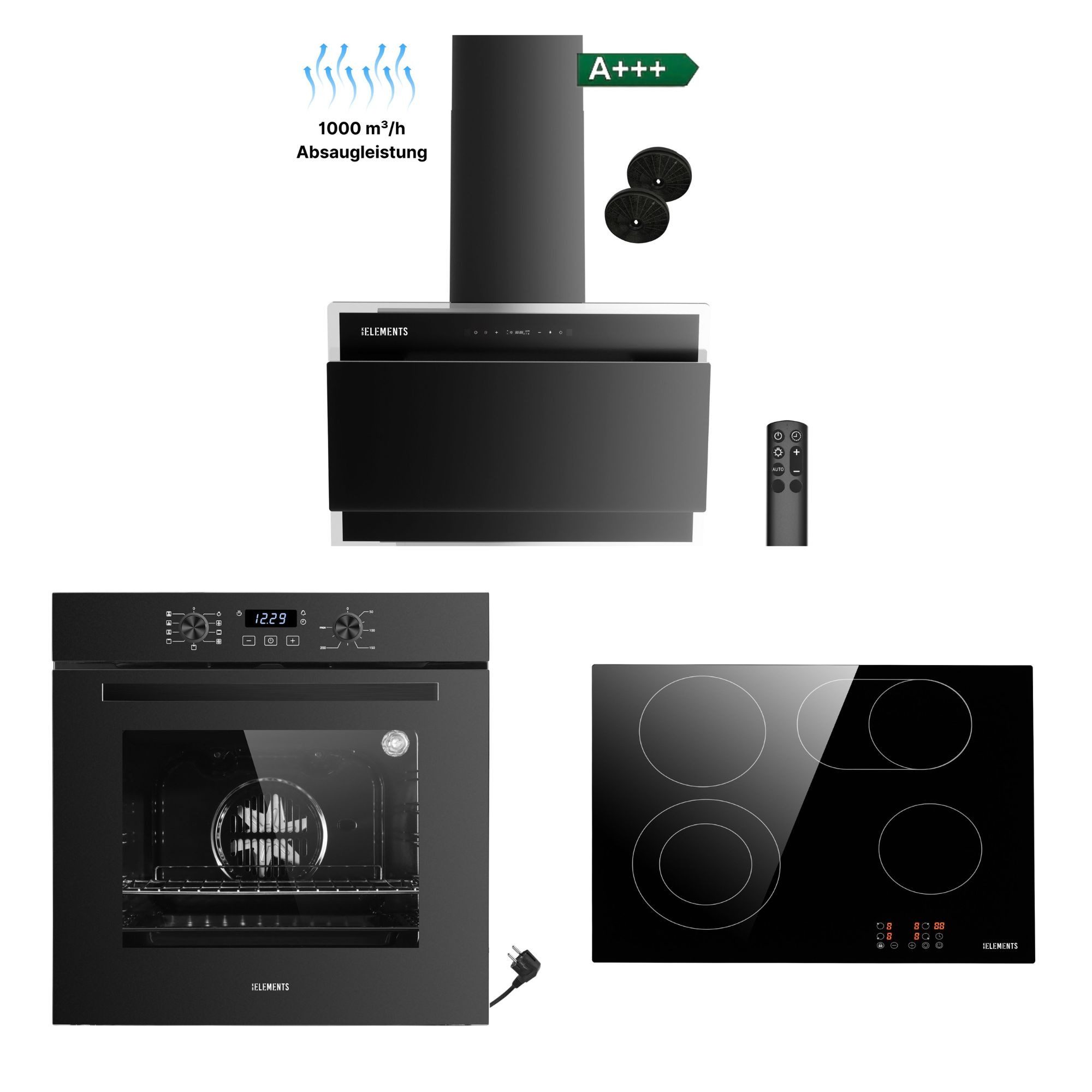 KB Elements Backofen-Set Einbaubackofen 60 cm mit 4-Zonen Glaskeramik Kochfeld 60 cm, AQUA CLEAN, Aqua Clean, Circle Fan Heater, Flexzone