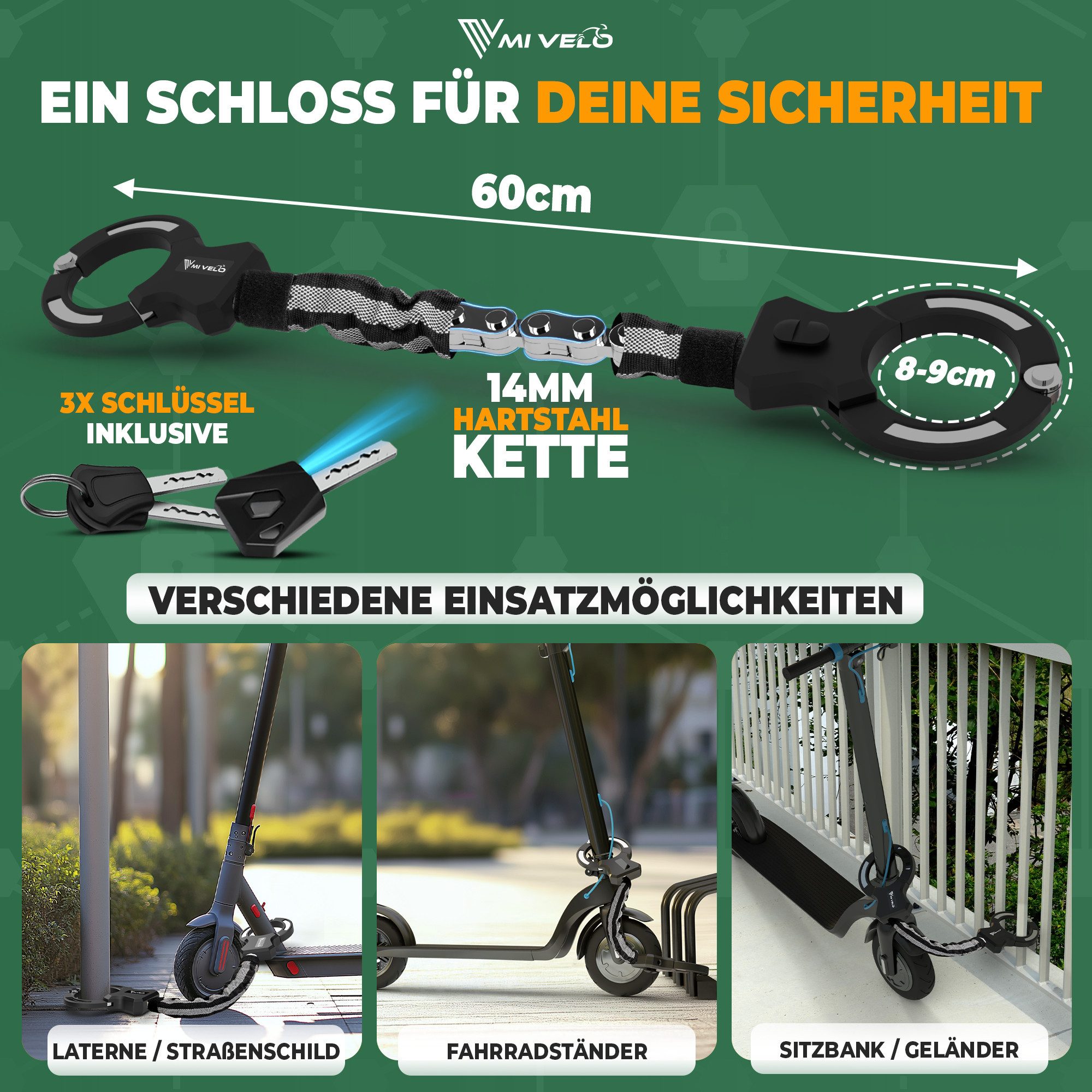 MIVELO Kettenschloss Handschellenschloss für E-Scooter und Fahrrad 60 cm mit Schlüssel, 14 mm Hartstahl Kette, inklusive Halterung