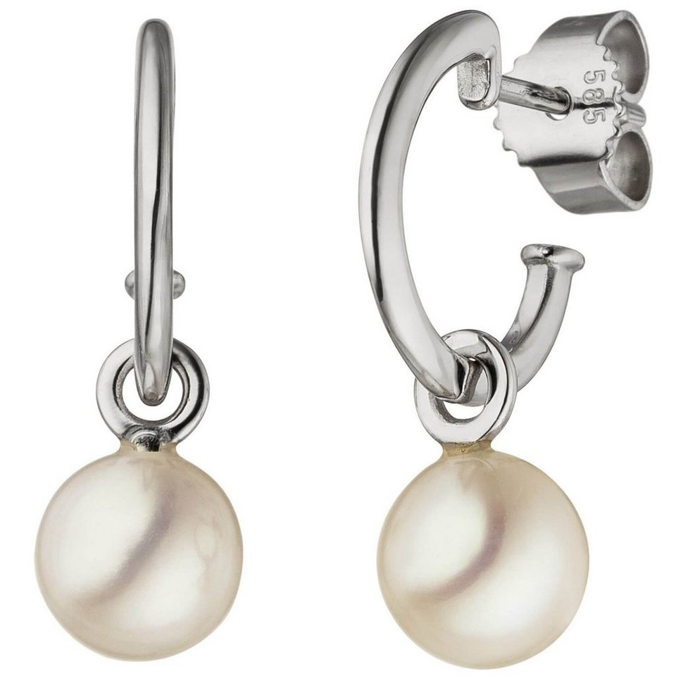 Schmuck Krone Paar Ohrhänger Ohrringe Ohrhänger Halbcreolen Süßwasser  Perlen 6,5-7mm weiß 585 Gold Weißgold, Gold 585