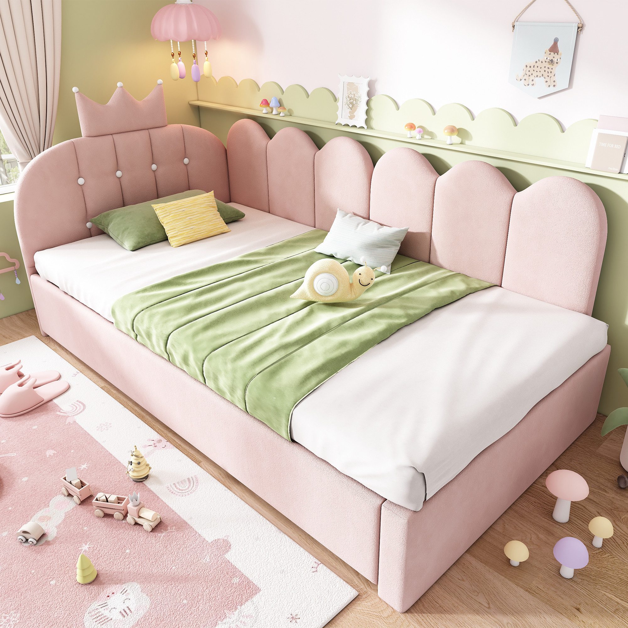 Flieks Polsterbett, Daybett L-Form 90x200cm mit Kronen-Design und Ausziehbett 90x190cm