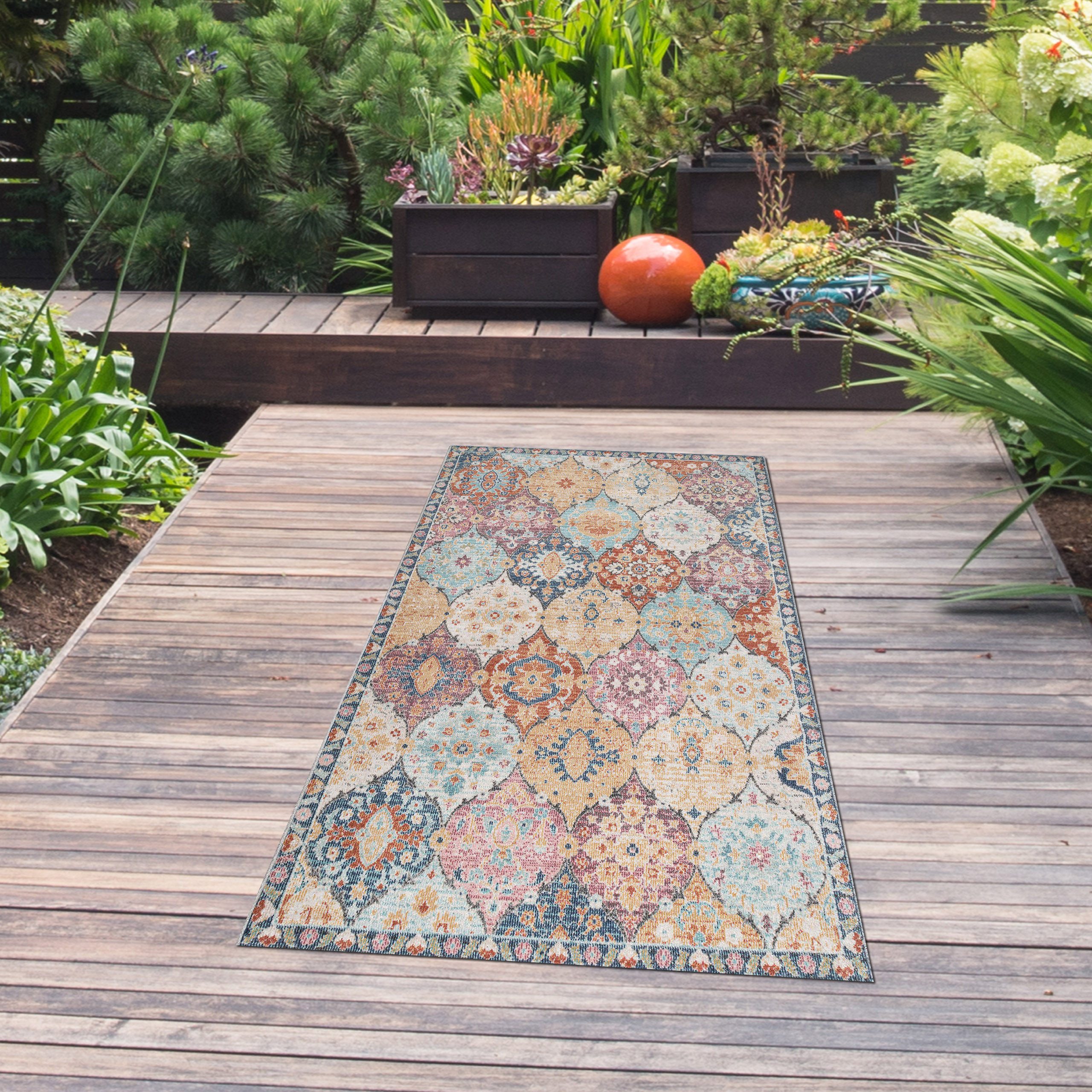 TeppichHome24 Outdoorteppich Bunter Vintage Outdoor Teppich flach und pflegeleicht, Rechteckig