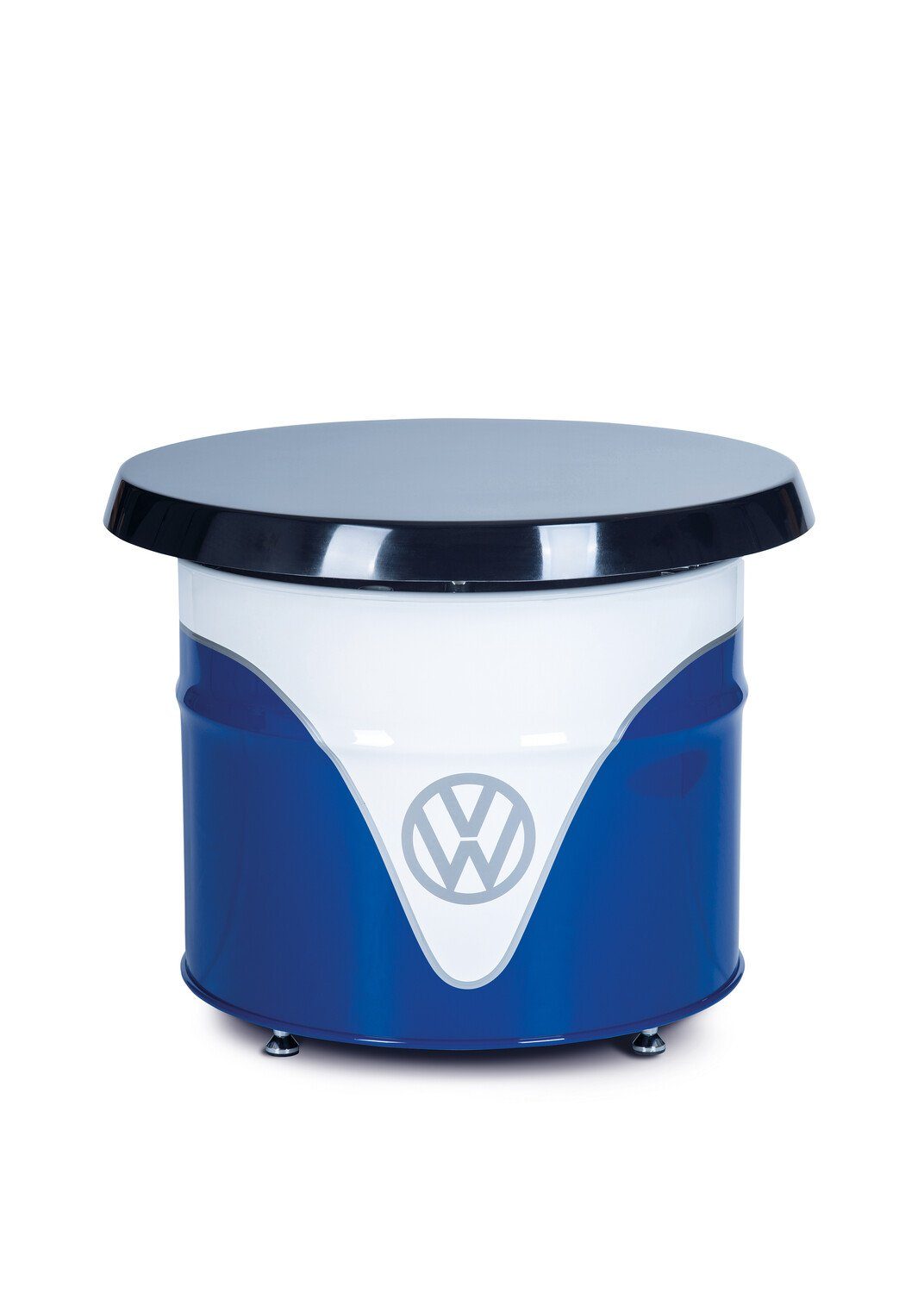 VW Collection by BRISA Beistelltisch Volkswagen Ölfass Partytisch, pflegeleichter Abstelltisch in weiß & blau Hochglanz/ Blau&Weiß