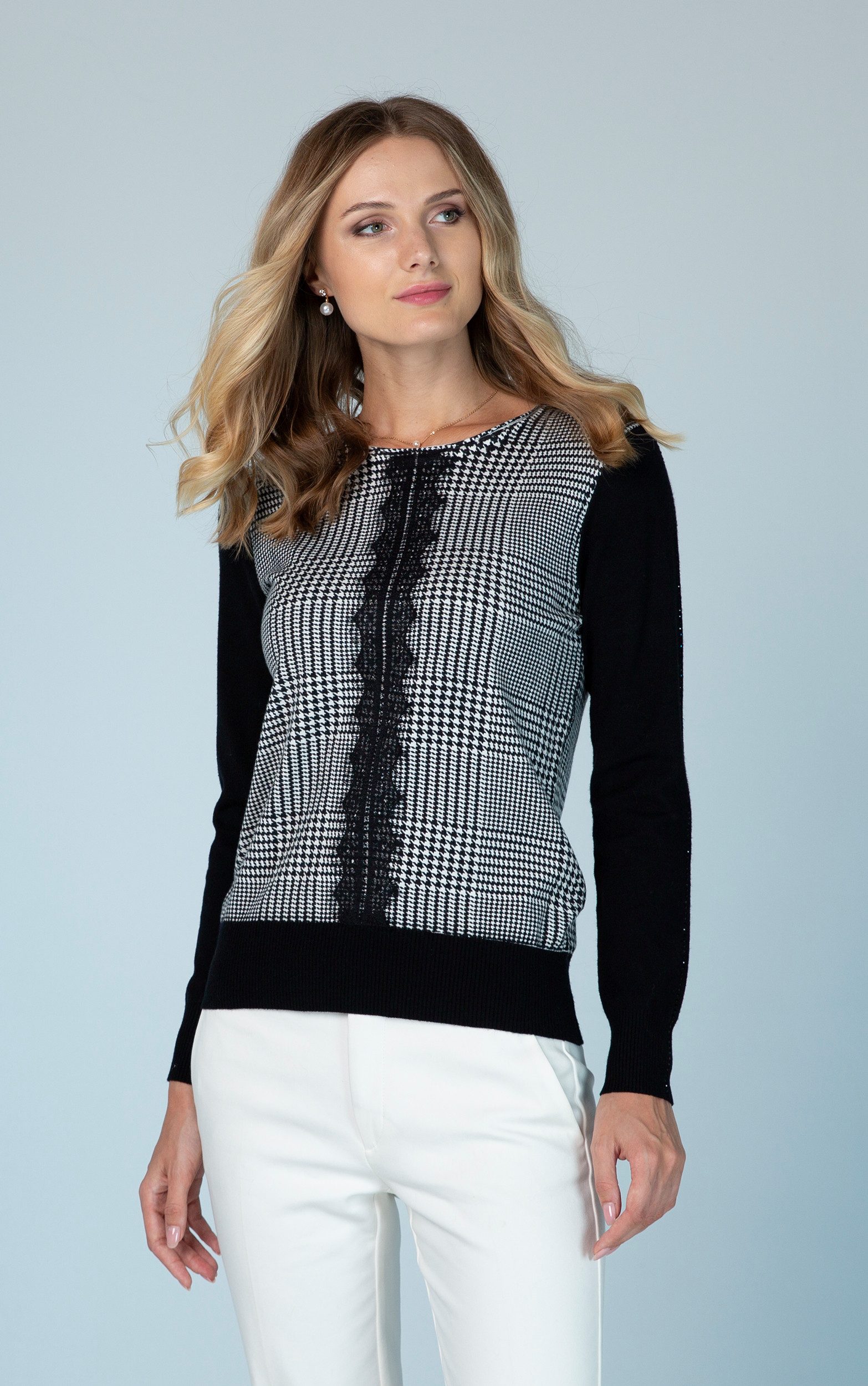 Passioni Strickpullover mit Hahnentrittmuster und Spitzendetail günstig online kaufen