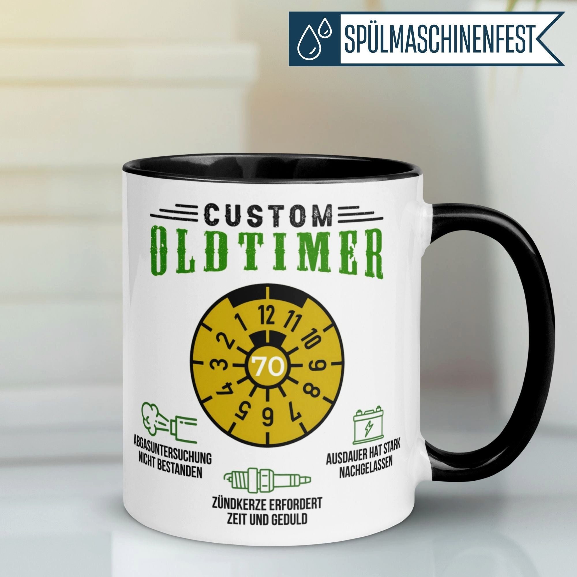 Momentals Tasse 70 Geburtstag Mann – „Custom Oldtimer“ – Geburtstagsgeschenk Männer, Gratis Versand · Links-&Rechtshänder · Spülmaschinenfest