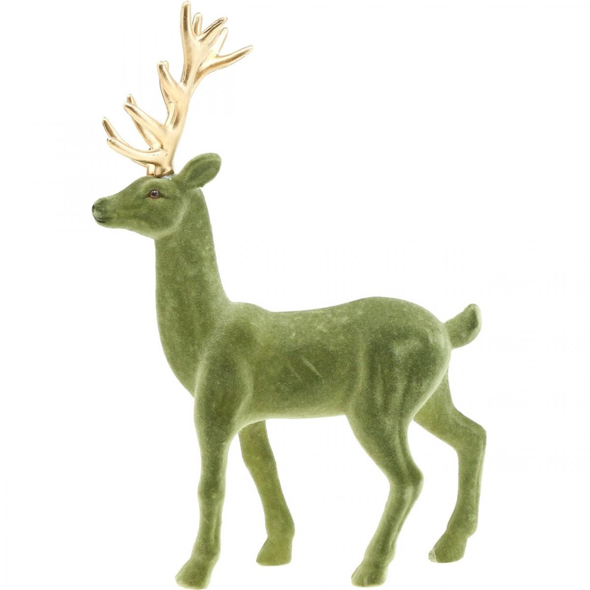 Florists Products Weihnachtsmann Deko Hirsch Figur Rentier Beflockt Grün Gold Weihnachtsdeko