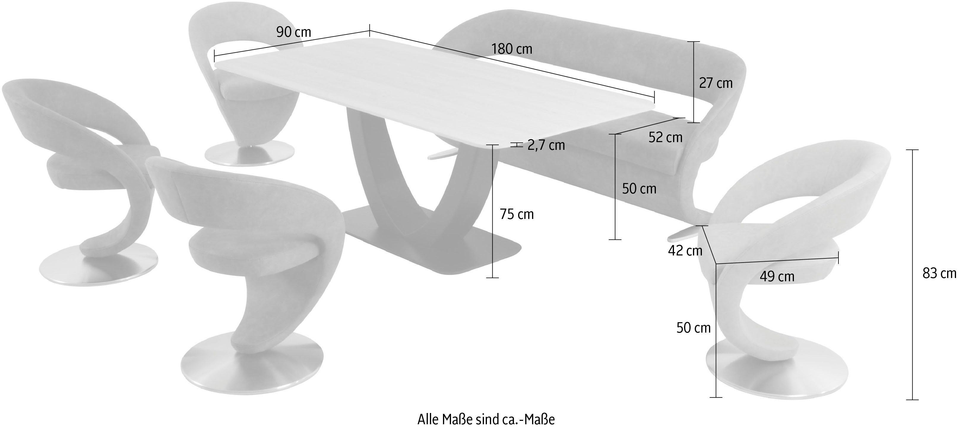 K+W Komfort & und 4 Design-Drehstühlen in Essgruppe Tisch Wave, 180x90cm Design-Solobank mit Wohnen (Set)