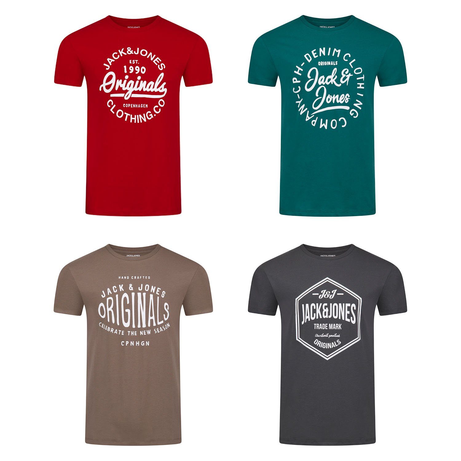 Jack & Baumwolle Tee Kurzarm JJLINO mit Herren aus T-Shirt Shirt Jones 100% Fit Rundhalsausschnitt 2 (4-tlg) Pack Regualar Logoprintshirt