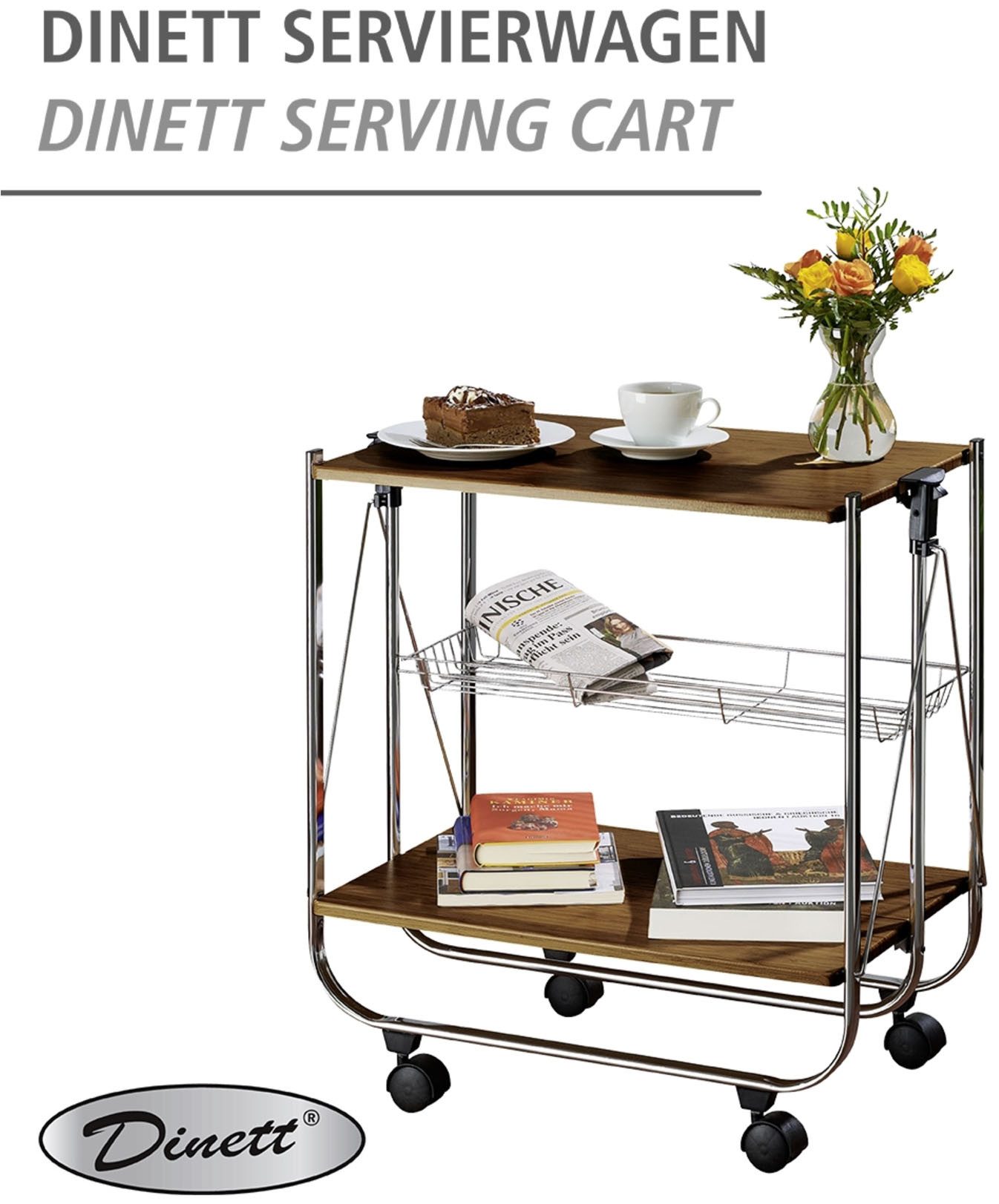 WENKO Servierwagen Modell Dinett Deluxe, Küchenwagen mit 2 Ablagen und Korb, 4 Rollen, zusammenklappbar