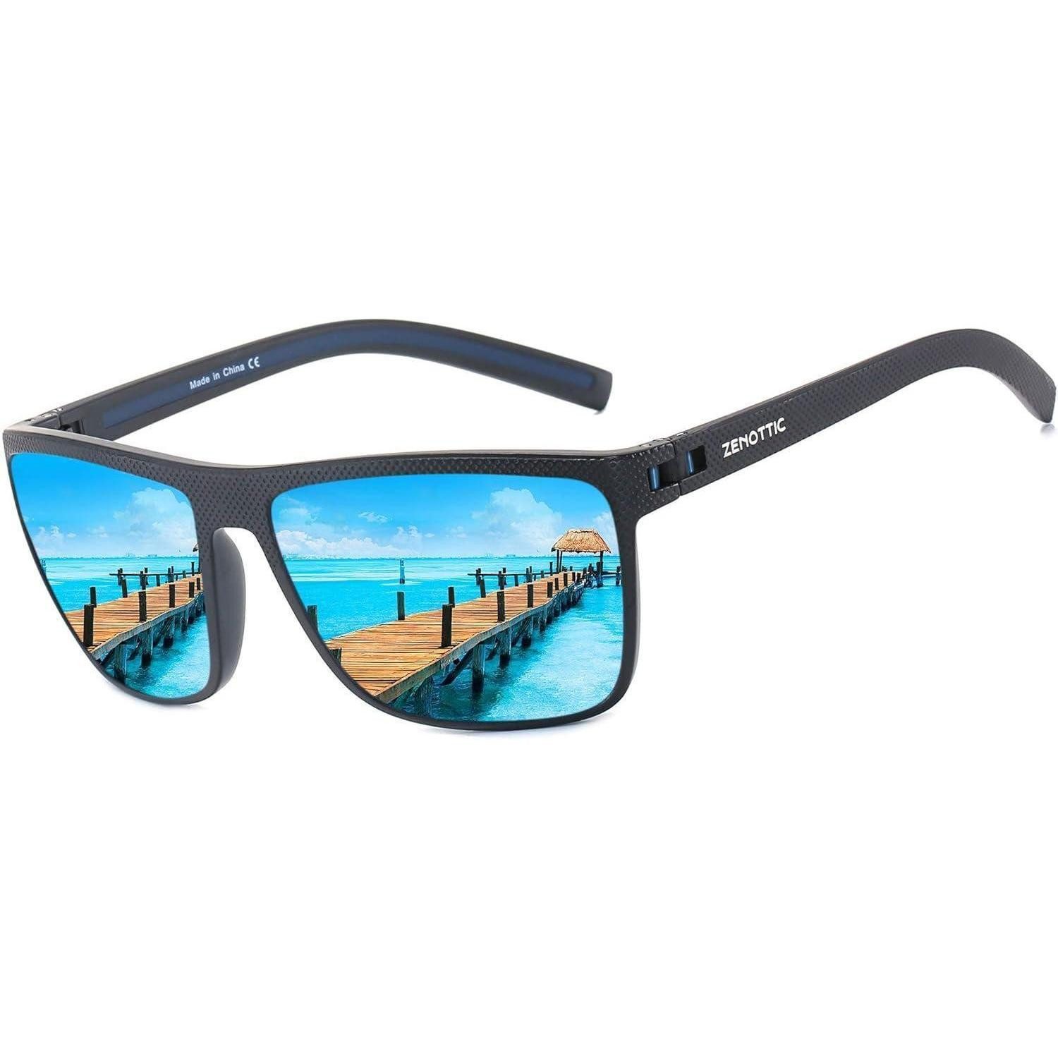 Sonnenbrille Sonnenbrille Herren C004 Schwarzer Rahmen Blau Verspiegelte Linse