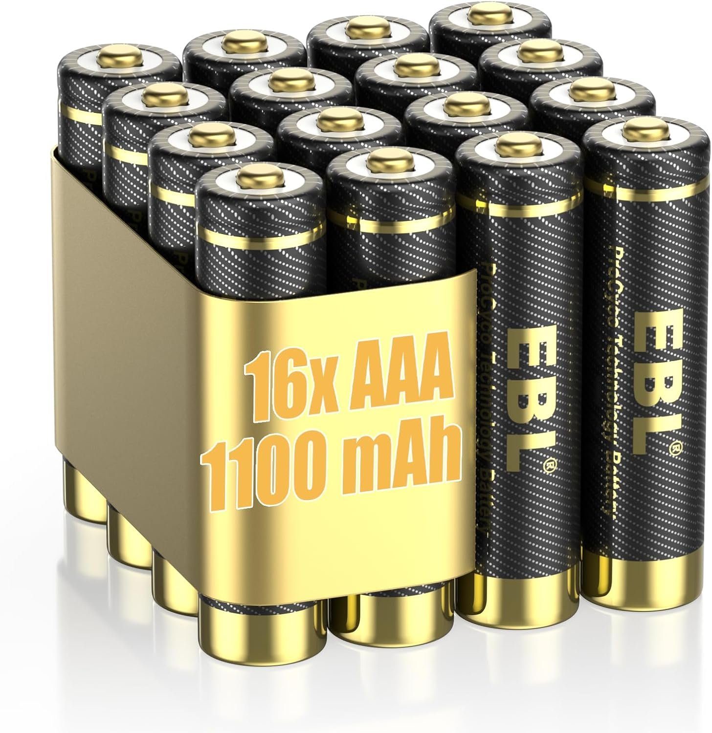 EBL Pro Version Vorgeladener AA Mignon AAA Micro NiMH Akku, 1100/2800mAh Batterie, (1.2 V, 16 St)