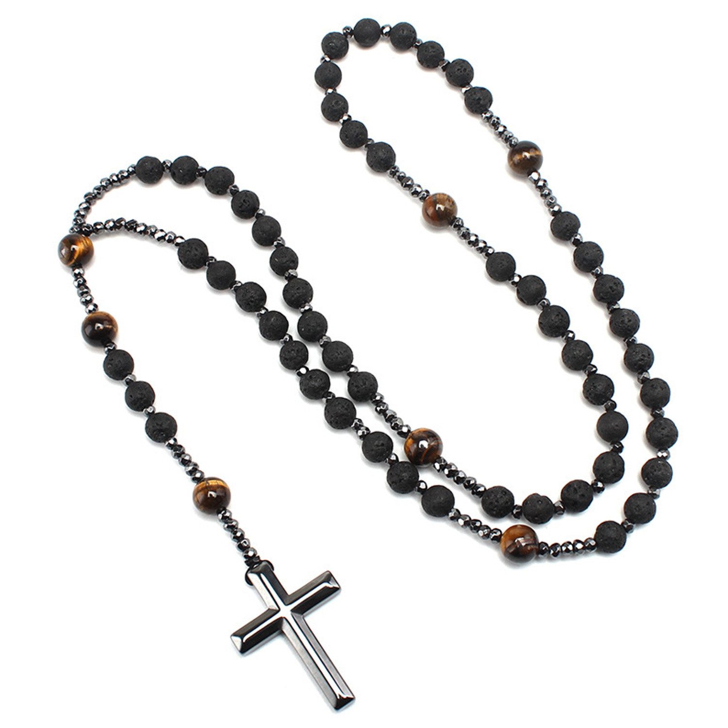 KARMA Perlenkette Kreuz Schwarz 80 cm Lavastein Tigerauge (Herrenhalskette Geschenk für Ihn Halskette), Herren Kette Herrenschmuck Männer