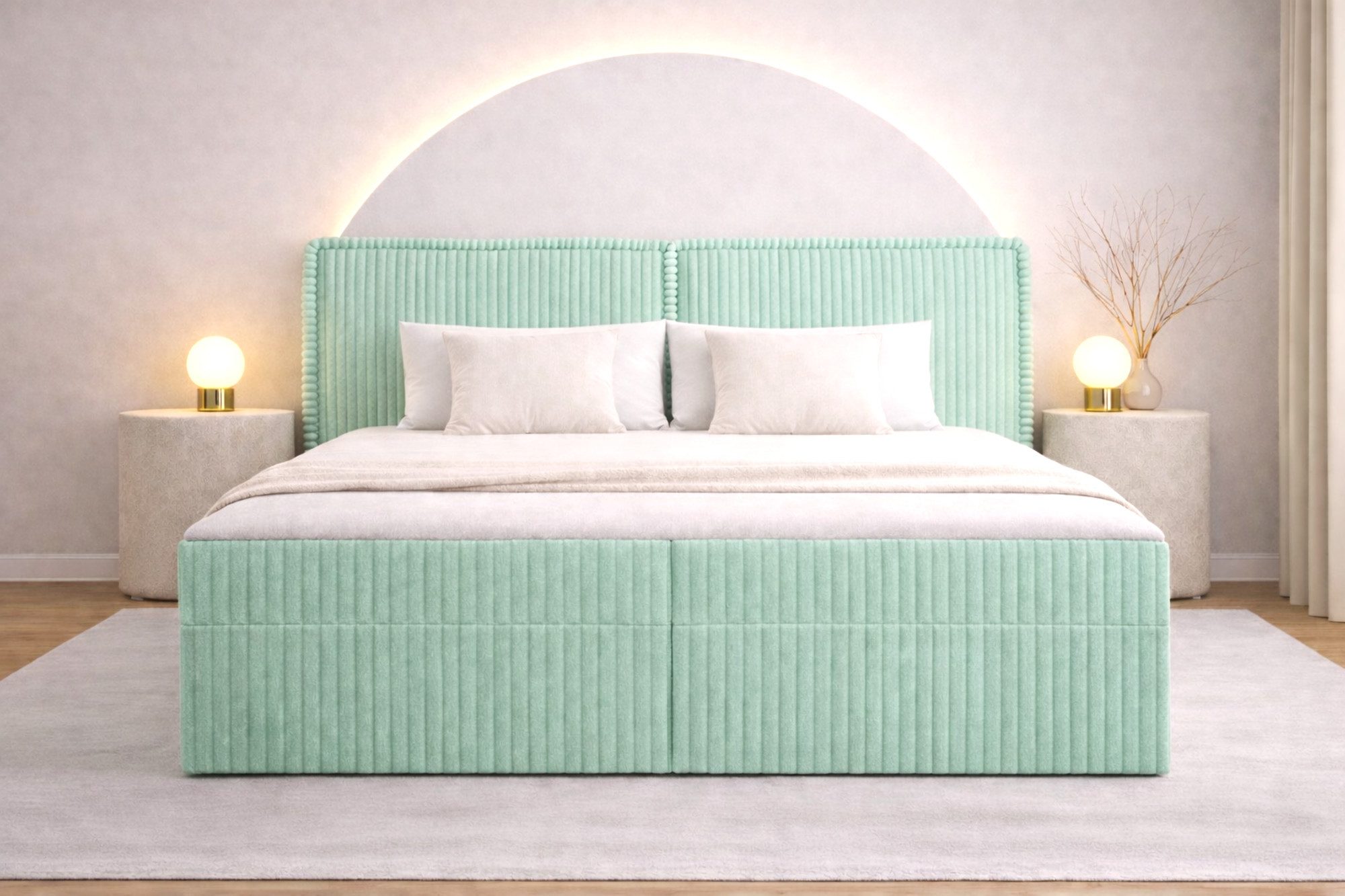 MOEBLO Boxbett Bett 04 (Bonnell + Topper, Doppelbett gepolstertes Kopfteil Bett mit Bettkasten, aus Cord, Polsterbett Kontinentalbett), (BxHxT):143/163/183x113x214cm
