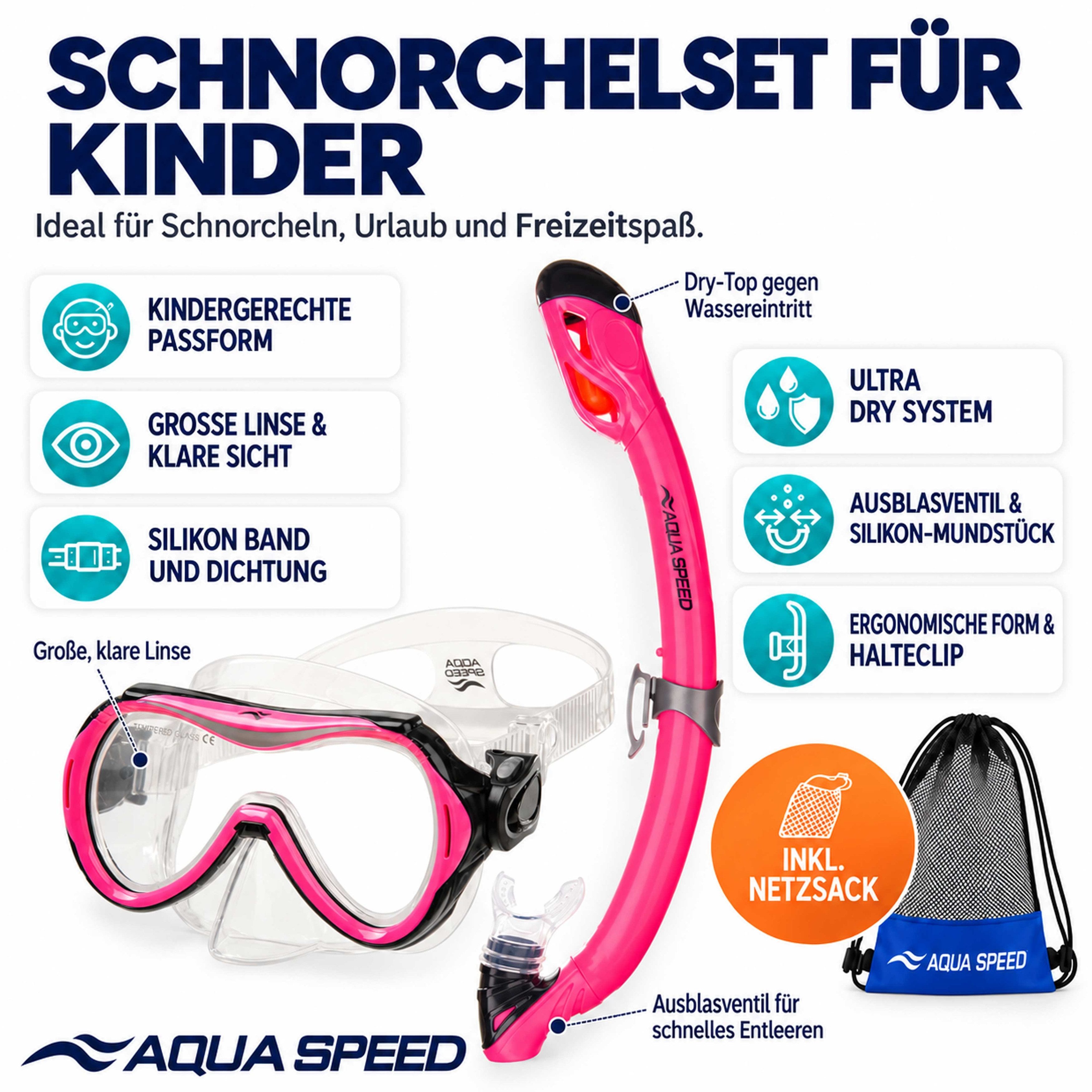 Aqua Speed Schnorchel Schnorchelset ALIZE + SAMOS Tauchmaske für Kinder, mit Netzbeutel (Kinderschnorchelset mit Maske und Schnorchel im Netzbeutel), EASY-ADJUS – Bild 2 von 5