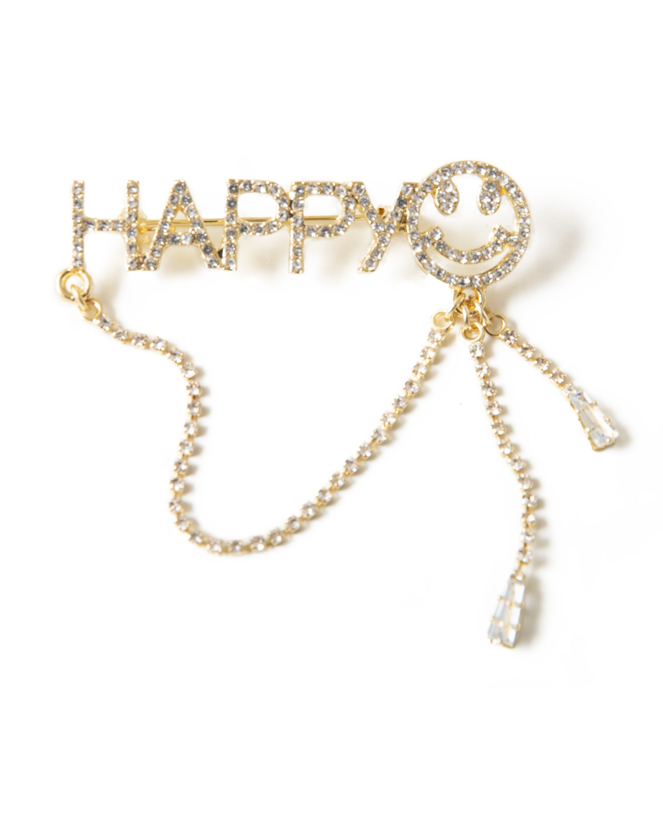 MayTree Brosche "HAPPY", mit Strass-Stein Kette (Stück, 1-tlg), Metallbrosche Buchstaben HAPPY, Smiley und Kette, Strass-Steine