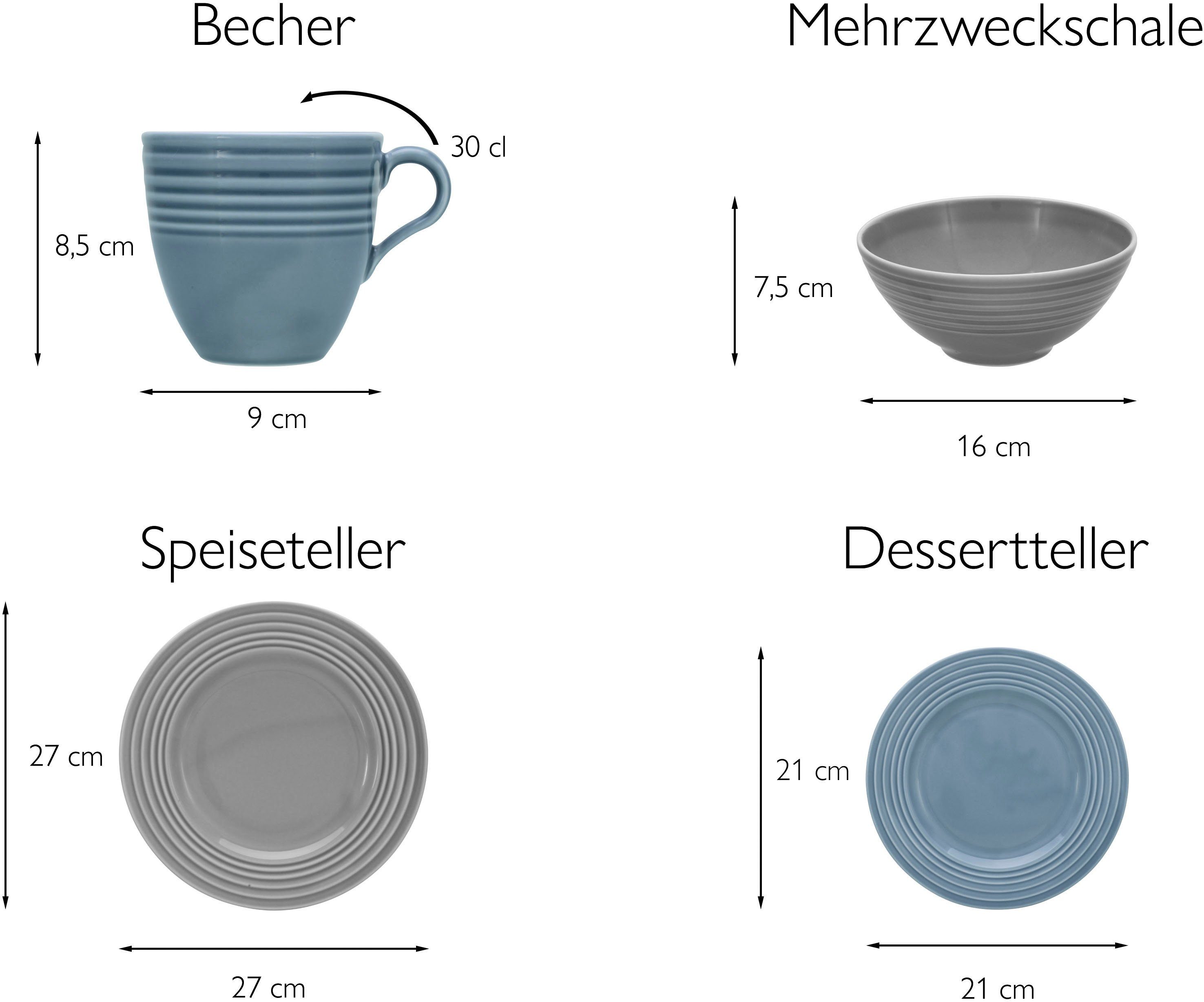 16 Geschirr-Set Kombiservice Teile, (16-tlg), Personen, Service, Stripes Rillenrelief, Porzellan, für umlaufendes 4 Personen CreaTable 4 Colors