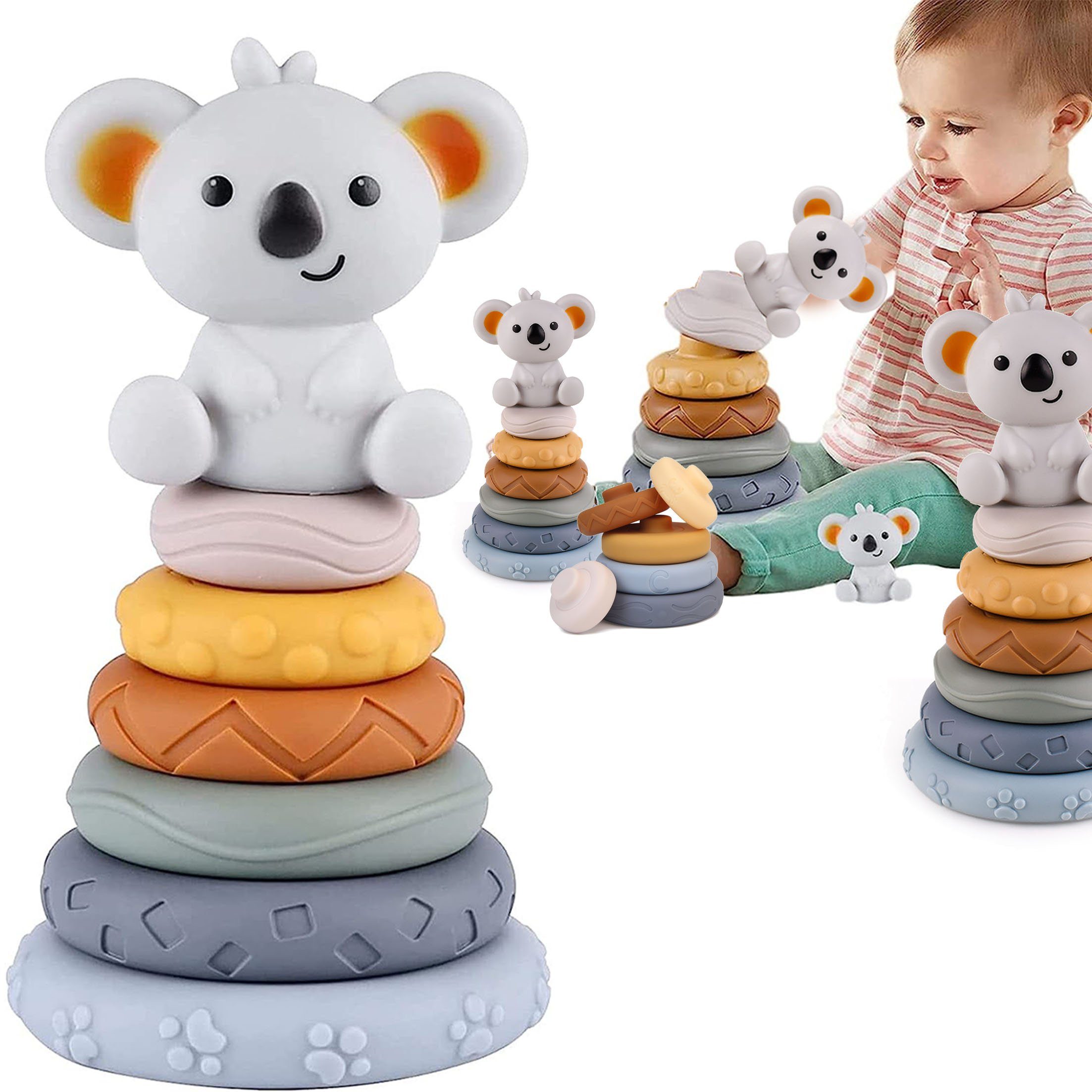 Kind Ja Stapelspielzeug Stapelspielzeug, Lernspielzeug für Kinder, Koala  Regenbogenring, Beißring für Babys, 6 Stapelringe und Koala (7 Stück)