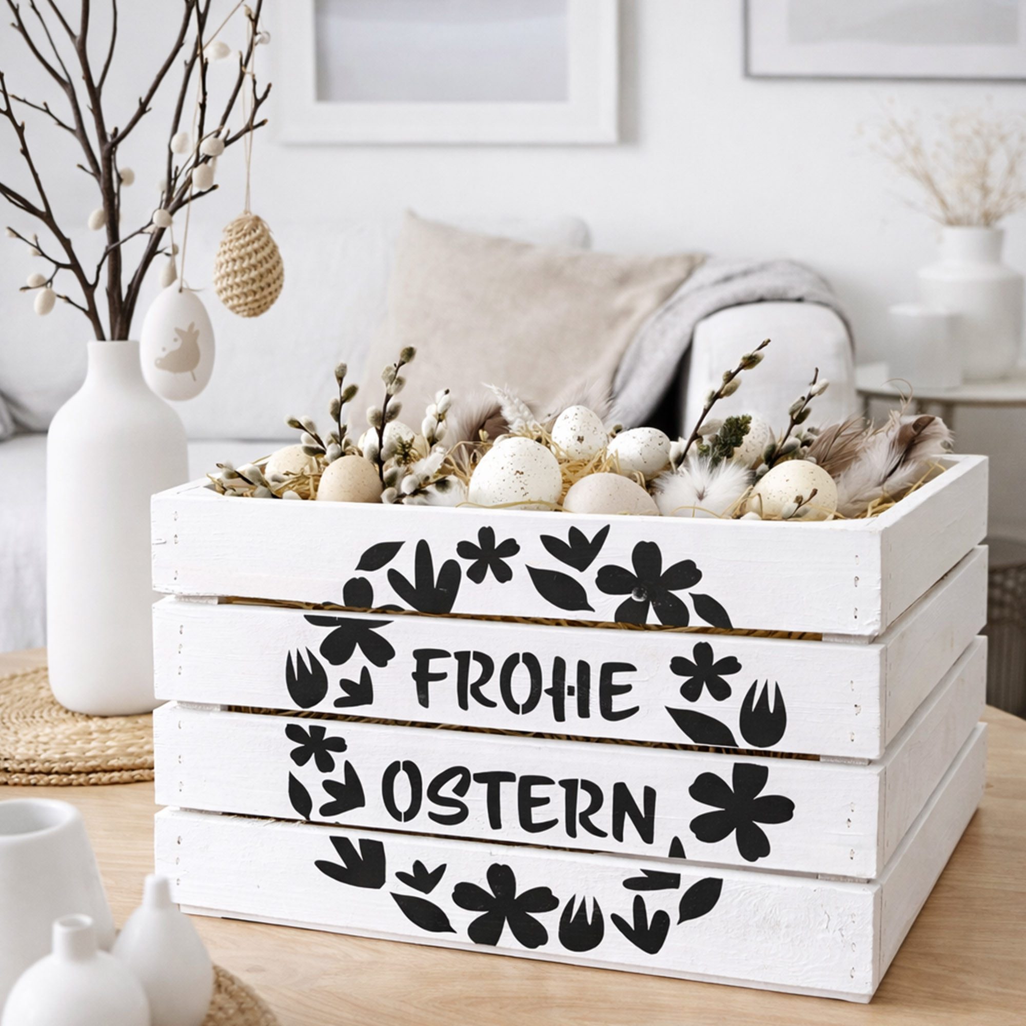 Kistenkolli Altes Land Allzweckkiste Holzkiste Ostermotiv Frohe Ostern 50x40x30 cm Weiss Osterkiste