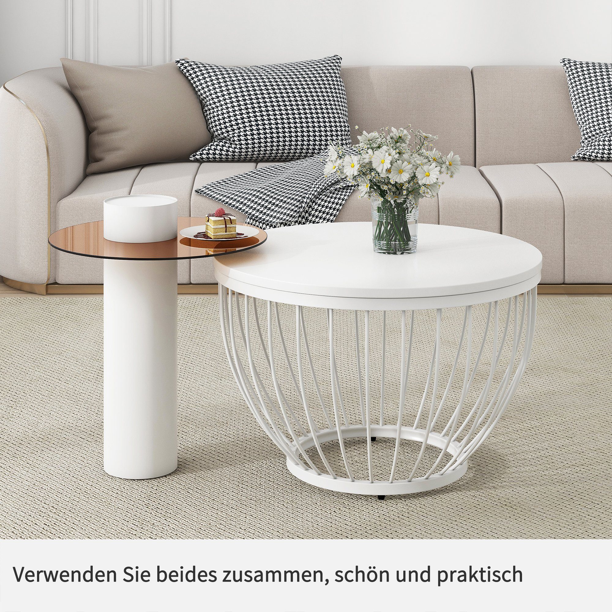 Couchtisch 2-St) & PVC Holzoptik WISHDOR & Vogelnest-Design, Weiß MDF (Glas PVC,