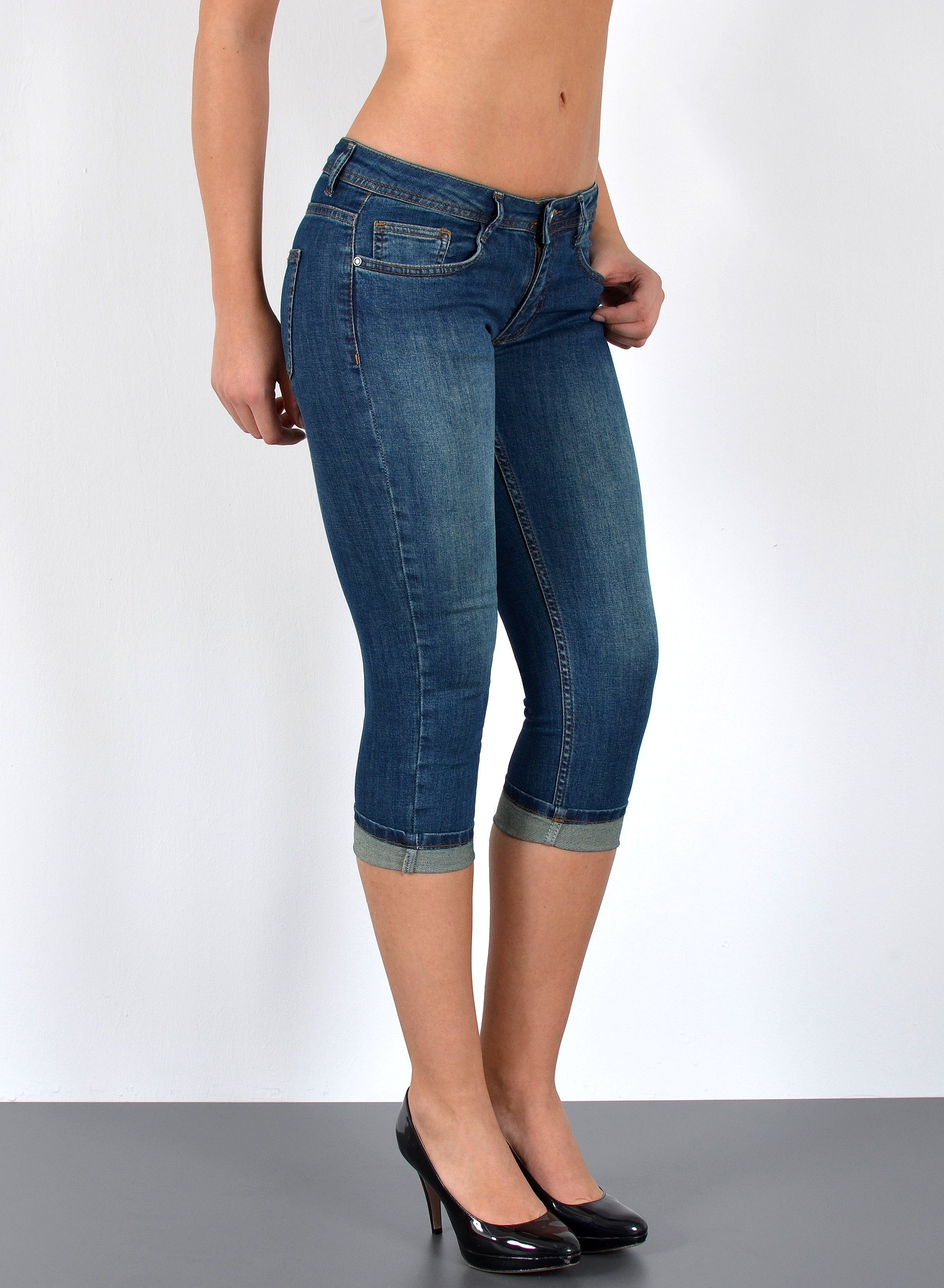 ESRA Caprijeans Damen 3/4 Jeans Hüftjeans niedrige Leibhöhe Damen 3/4 Hose Tief Bund Damen Capri Jeans Low Waist bis Übergröße Plus Size Große Größe Shorts