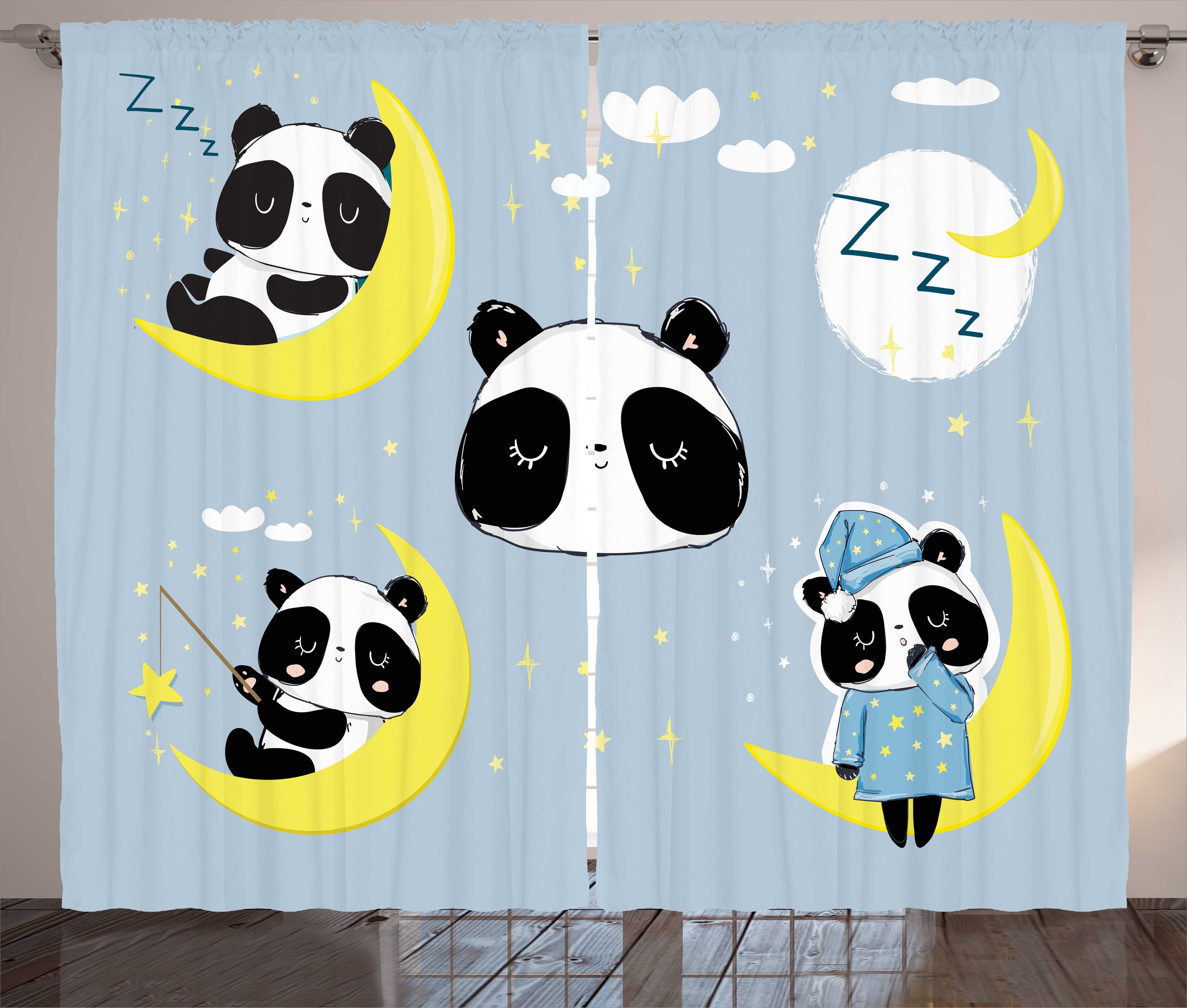 Gardine Schlafzimmer Kräuselband Vorhang mit Schlaufen und Haken, Abakuhaus, Panda Tierschlafen auf Mond