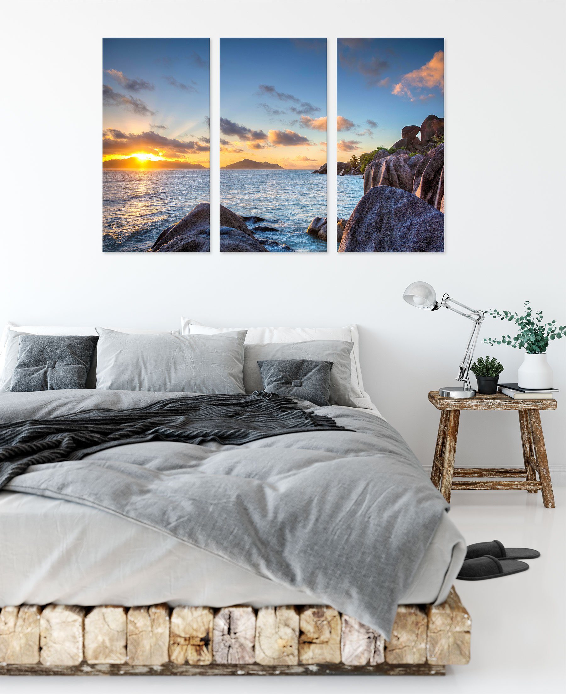 Pixxprint Leinwandbild Sonnenuntergang inkl. St), Seychellen, fertig 3Teiler Seychellen Leinwandbild bespannt, (1 (120x80cm) Zackenaufhänger Sonnenuntergang