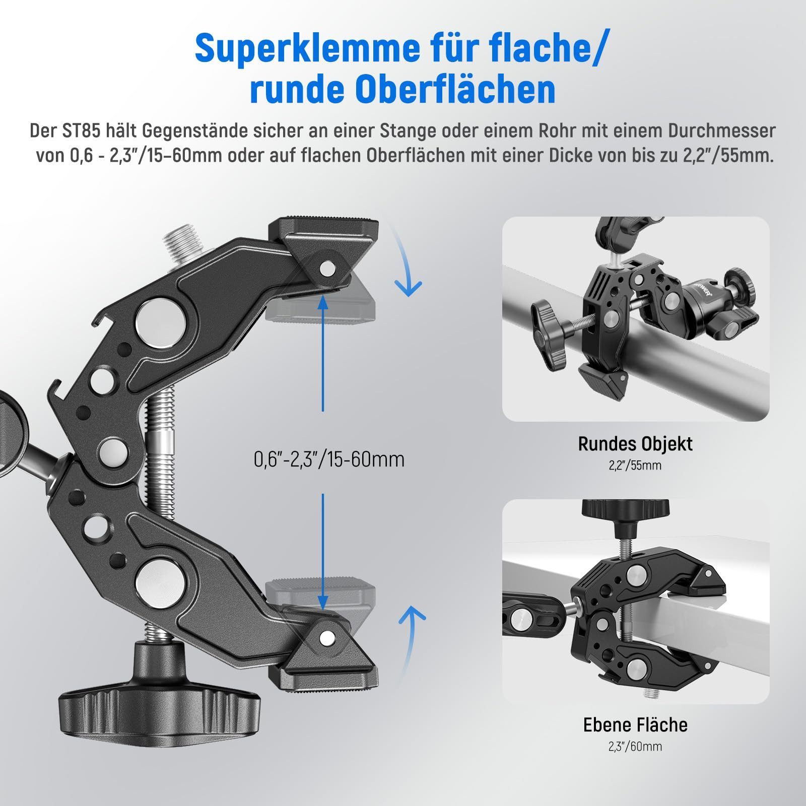 Neewer Kamerahalterung ST85 Super Clamp mit 7.6 cm Doppelkugelkopf-Magic-Arm, (bis 3,3 Zoll, Packung, Farbe:schwarz, Grundfarbe:schwarz, mit 360° Kugelkopfadapter, Klemmhalterung für GoPro DJI Smartphones)