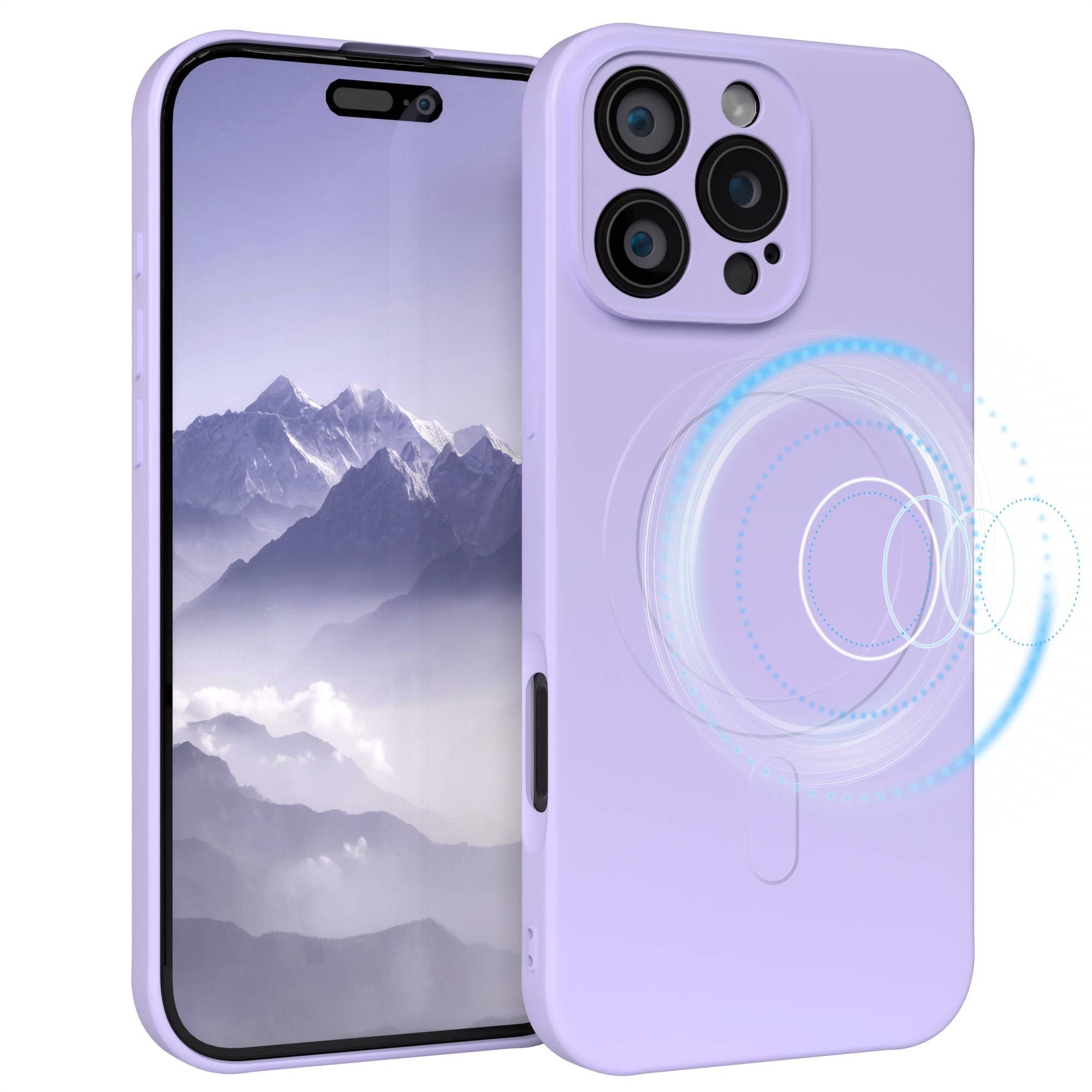 EAZY CASE Handyhülle für Apple iPhone 16 Pro Max Hülle Silikon 6,9 Zoll, MagSafe Soft-Silikonhülle kabelloses Laden matte Oberfläche Blau Lila