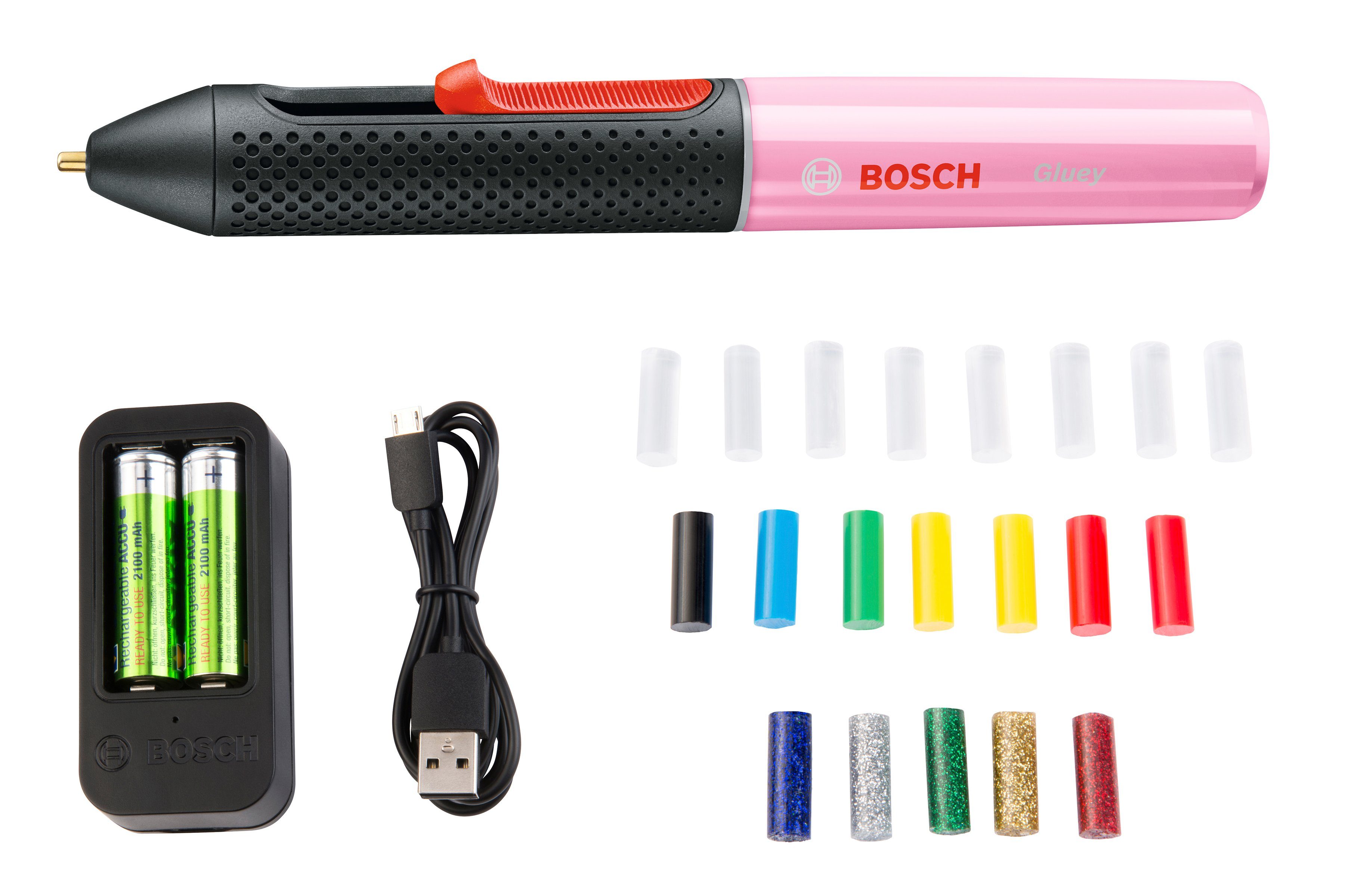 Bosch Home & Garden Heißklebestift Gluey, pink, (USB-Ladegerät & -Kabel, 2x1,2 V HR06 (AA) Akkus), inkl. 20 Mini-Klebesticks in vielen Цвета(ов)