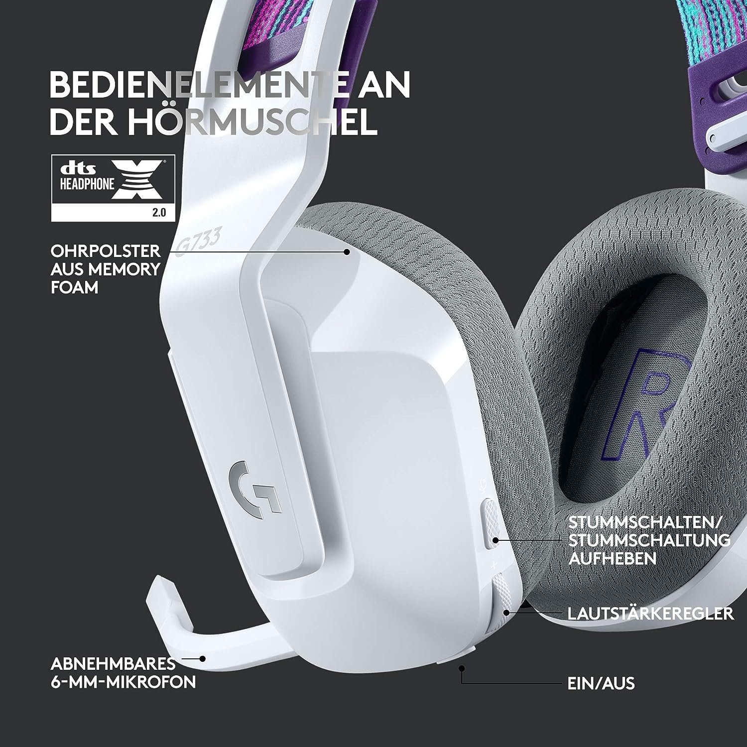 Logitech G G733 LIGHTSPEED kabelloses abnehmbar, RGB beleuchtet) Reichweite, Gaming-Headset Weiß (Ultraleicht, 20m Wireless Mikrofon