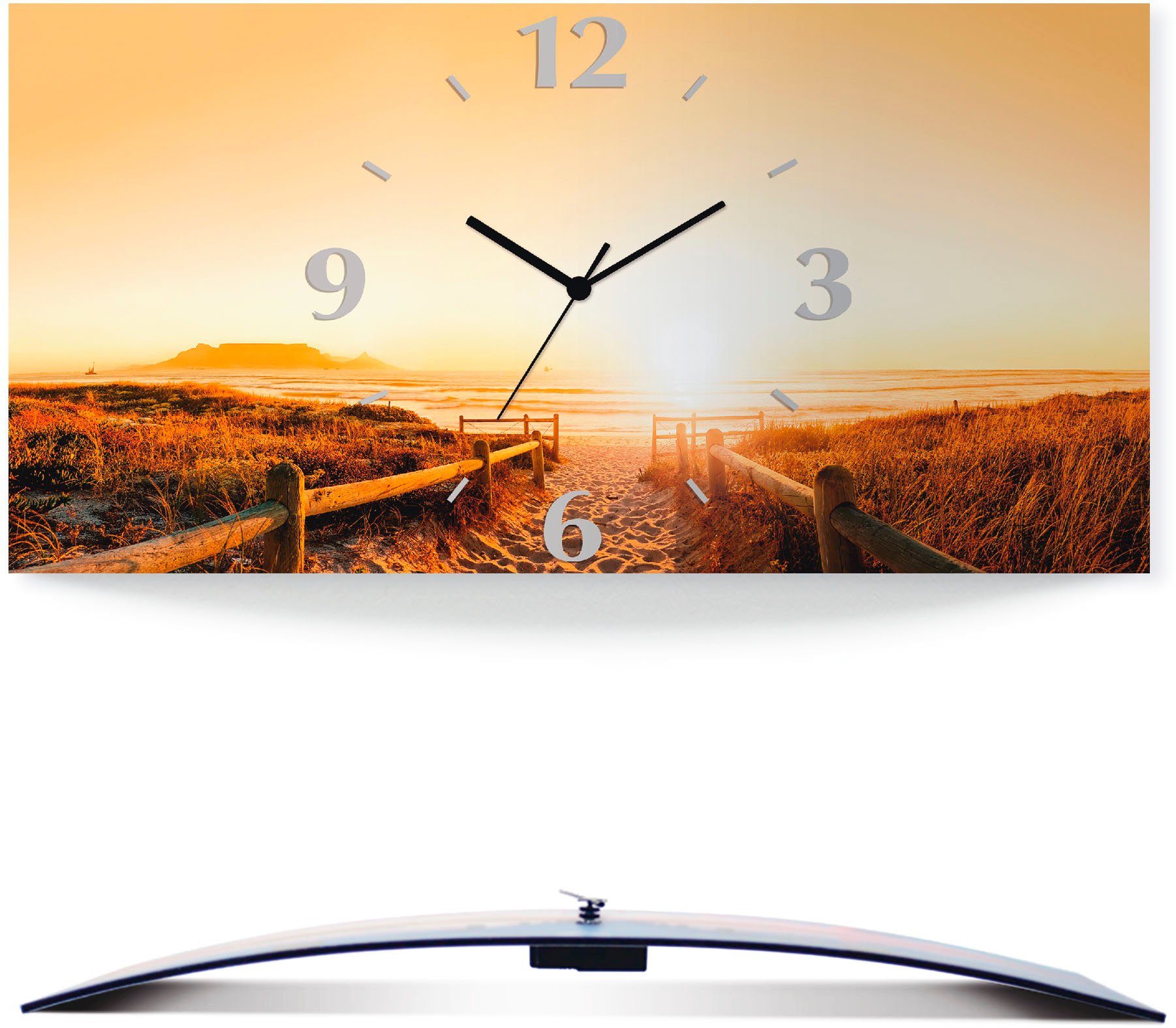 Artland Wanduhr Sonnenuntergang Panorama Strand (3D Optik gebogen, mit Quarz- oder Funkuhrwerk, versch. Größen)