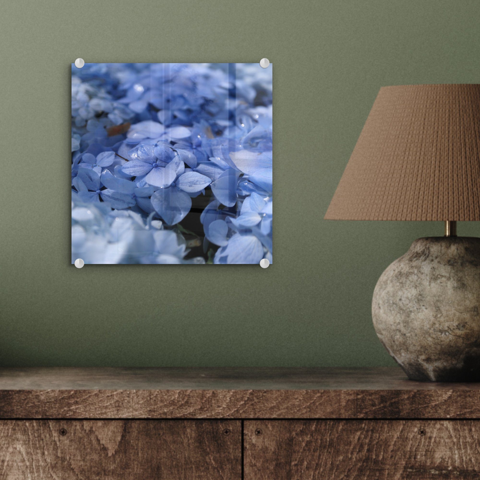 - Wanddekoration St), - auf MuchoWow Blaue Foto - mit Acrylglasbild Hortensien Glas auf Wandbild Glas (1 Bilder Glasbilder Wassertropfen,