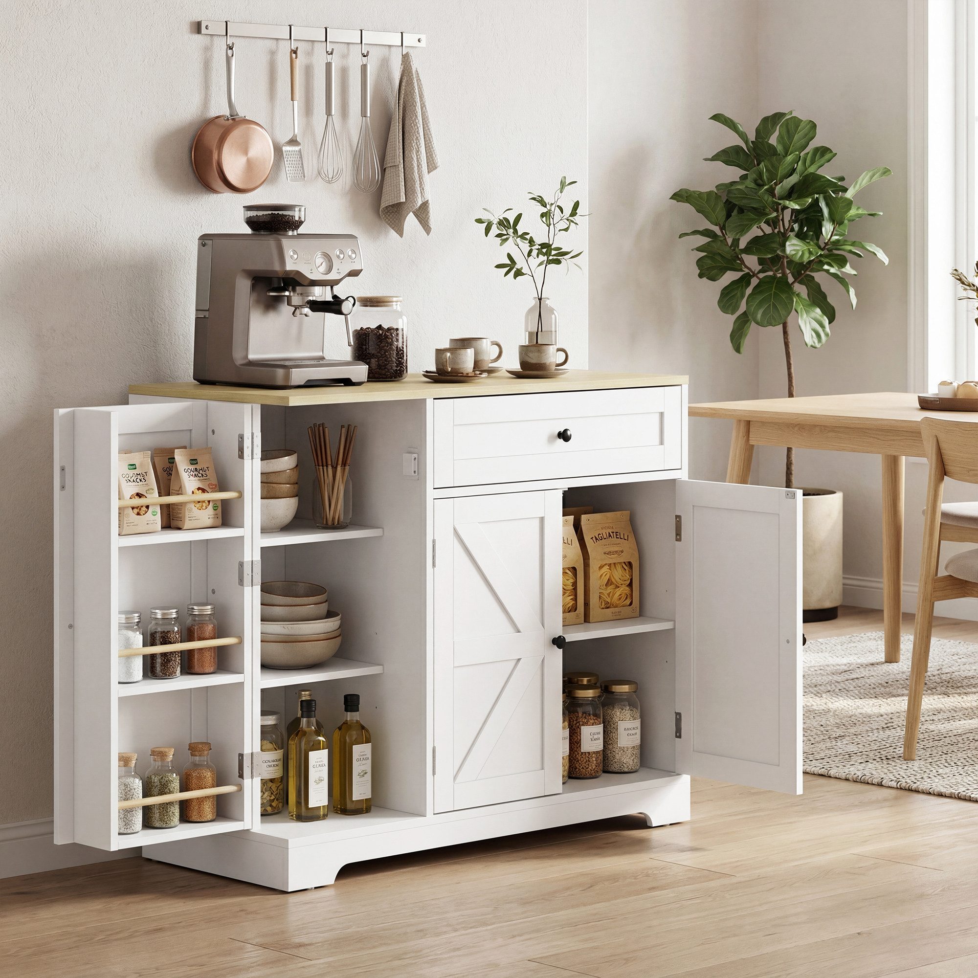 HOMCOM Sideboard Küchenschrank mit Schublade, 3 Türen, Gewürzhalter (Buffetschrank, 1 St., Aufbewahrungsschrank), 100 x 40 x 81 cm Weiß