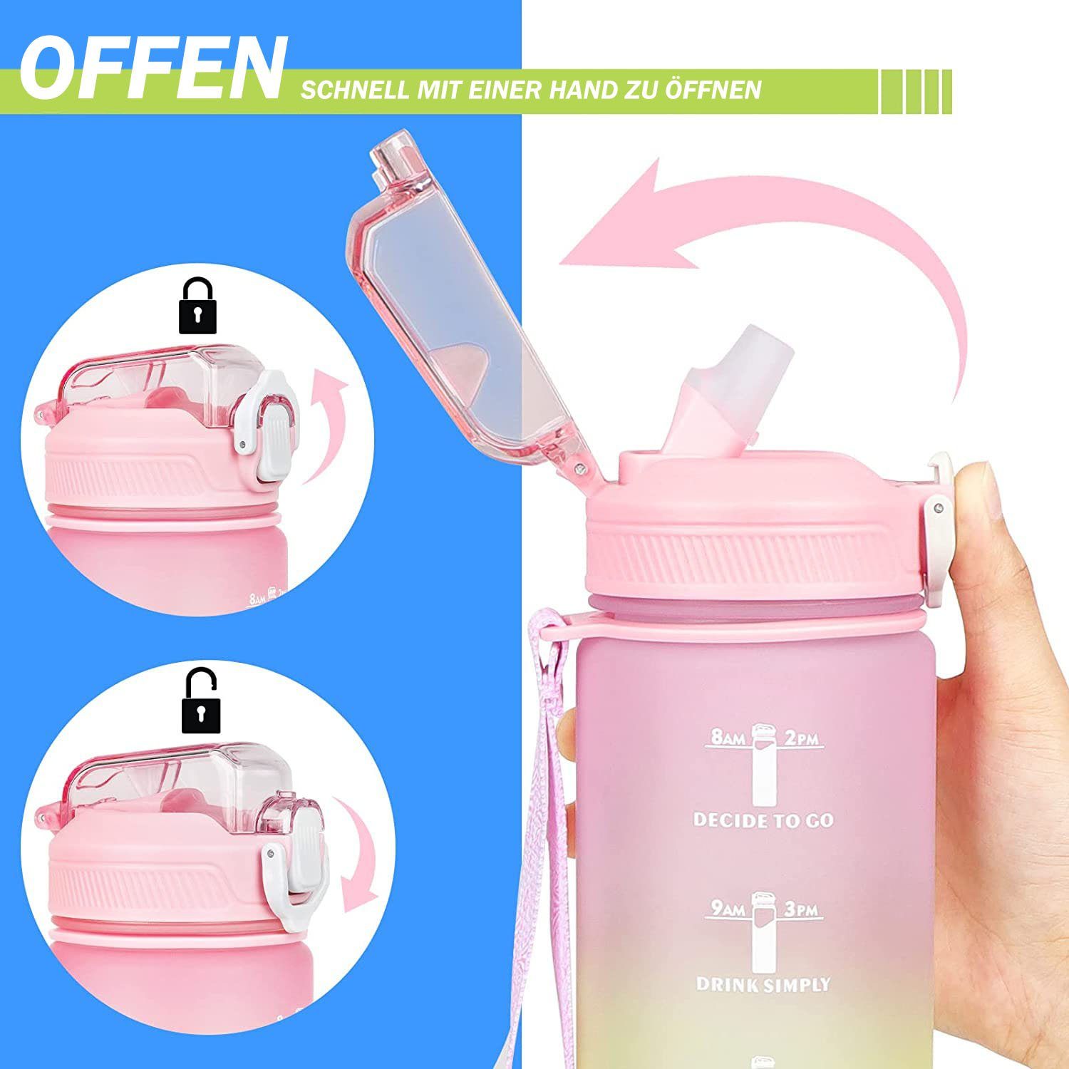 Trinkflasche Pink Trinkflasche zggzerg Zeitmarkierung und Wasserflasche, Strohhalm mit 1L
