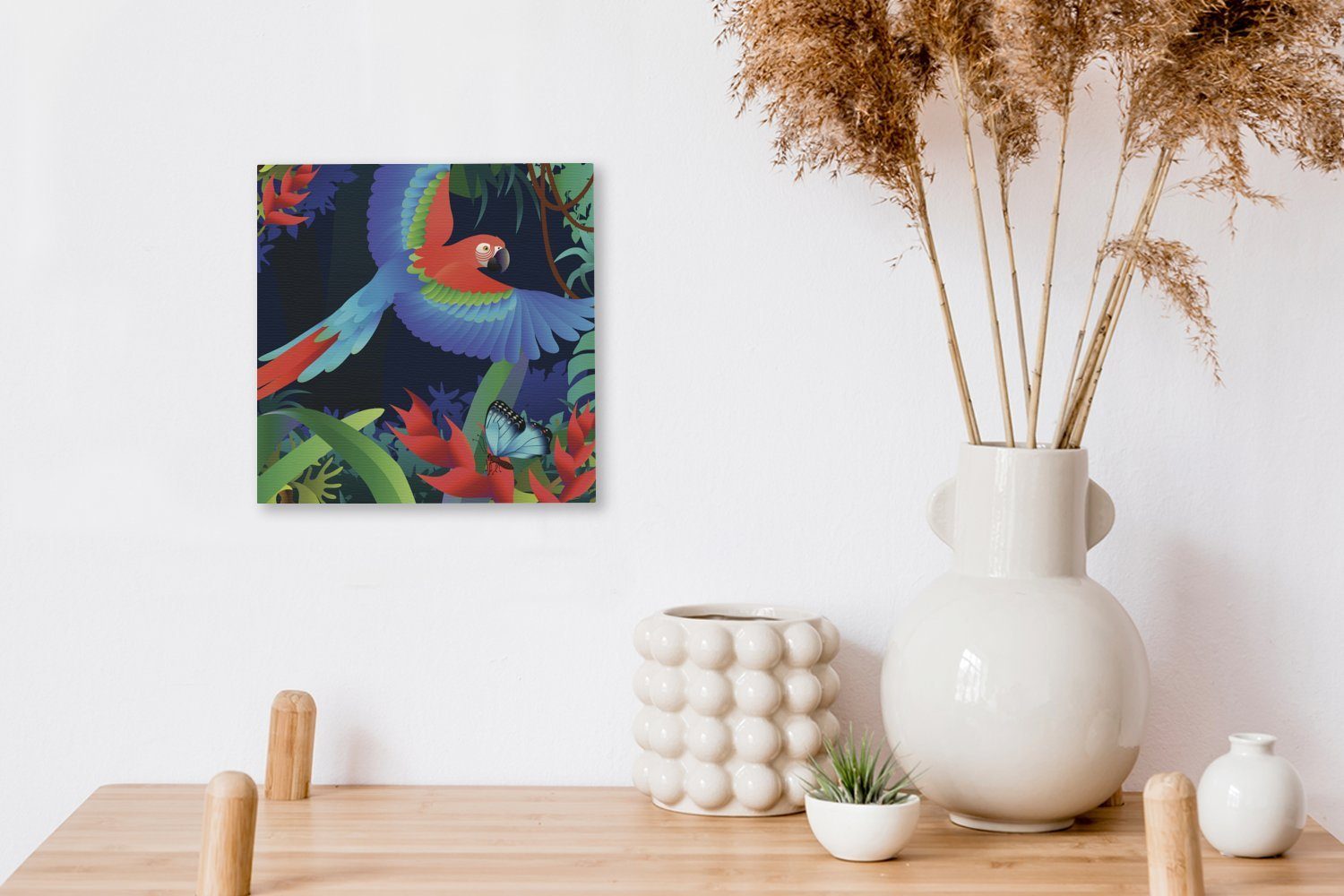 OneMillionCanvasses® Leinwandbild Eine Papageis für Bilder Illustration St), eines Schlafzimmer im (1 Leinwand Wohnzimmer fliegenden Regenwald