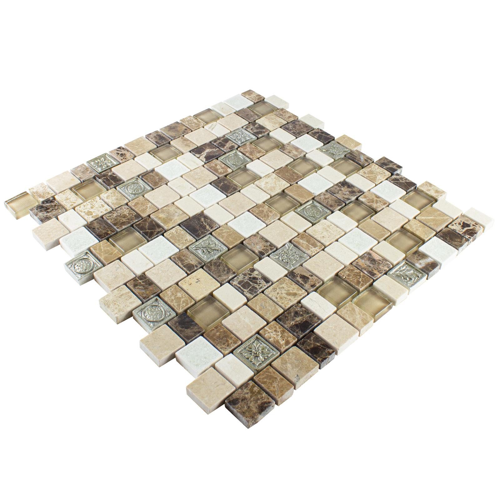 Mosafil Mosaikfliesen Mosaikfliesen Moranbah Braun Beige Weiß, Naturstein-Resin-Glas-Keramik 30.400x29.800, weiß-beige-braun, Verlegefertig auf ein Netz geklebt - Wasserfest
