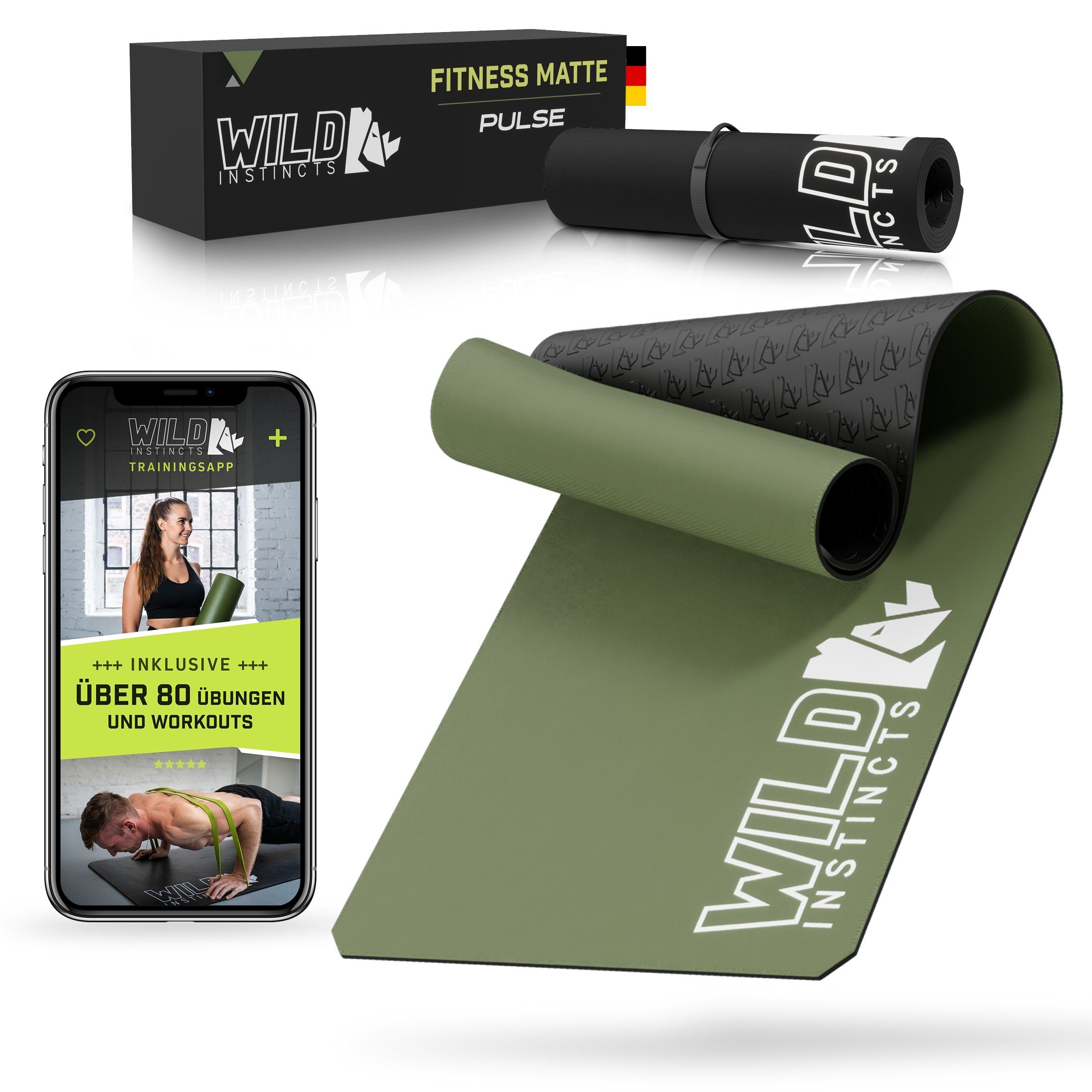 Wild Instincts Fitnessmatte Pulse, 185cm x 66 cm & 7mm/Sport Matte/Workout Matte/Rutschfest Olive Green