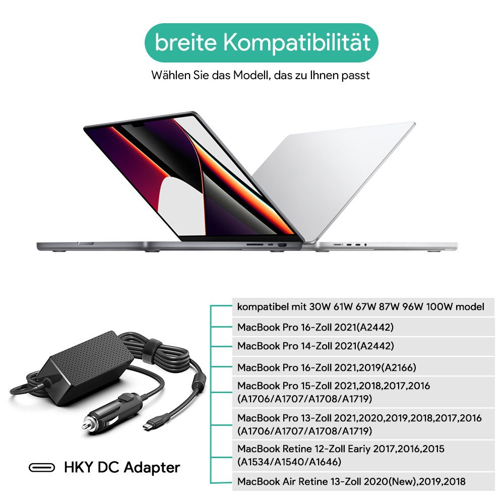 HKY 100W USB-C KFZ Netzteil 12V–24V für Lenovo ThinkPad / ThinkBook KFZ-Netzteil (Chromebook, HP, Acer, Asus, Surface Pro 9 & MacBook Air/Pro M3)