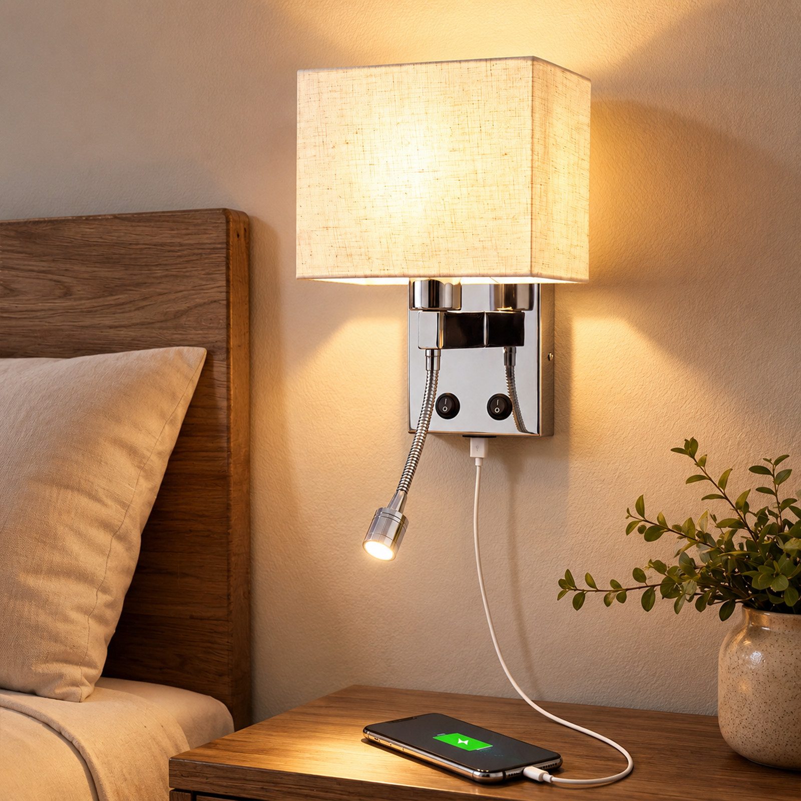 Nettlife Wandleuchte innen Schalter Moderne Wandlampe E27 Stoffschirm, ohne Leuchtmittel, USB-Ladeanschluss 2W Leselampe Stoffschirm für Schlafzimmer Hotel Flur