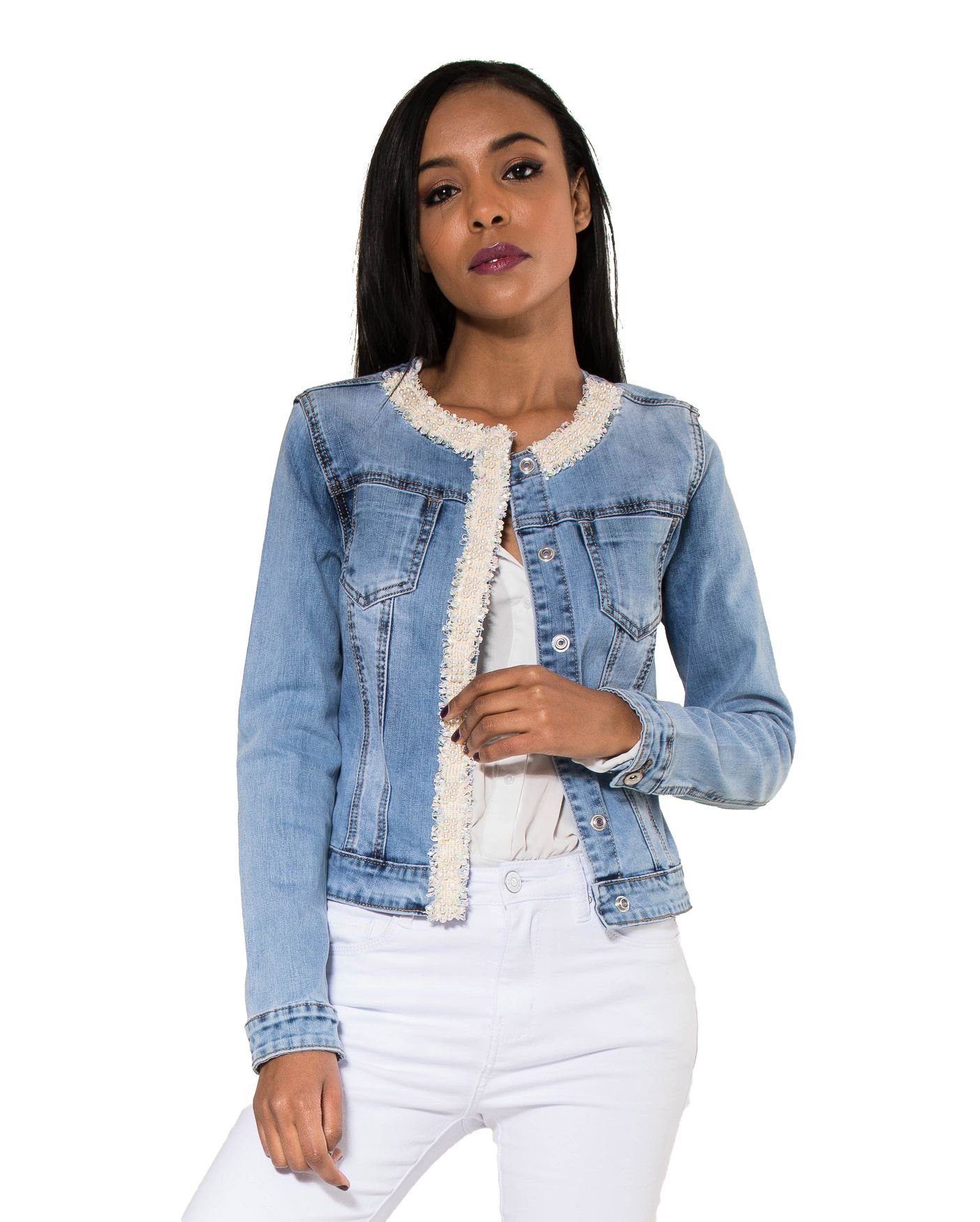 Simply Chic Jeansjacke »Damen Jeansjacke mit Glitzer Perlen Helles Vintage  Denim Jacket« (Schnitt: lang, 1-St., mit Knopf) 3082 in Blau online kaufen  | OTTO
