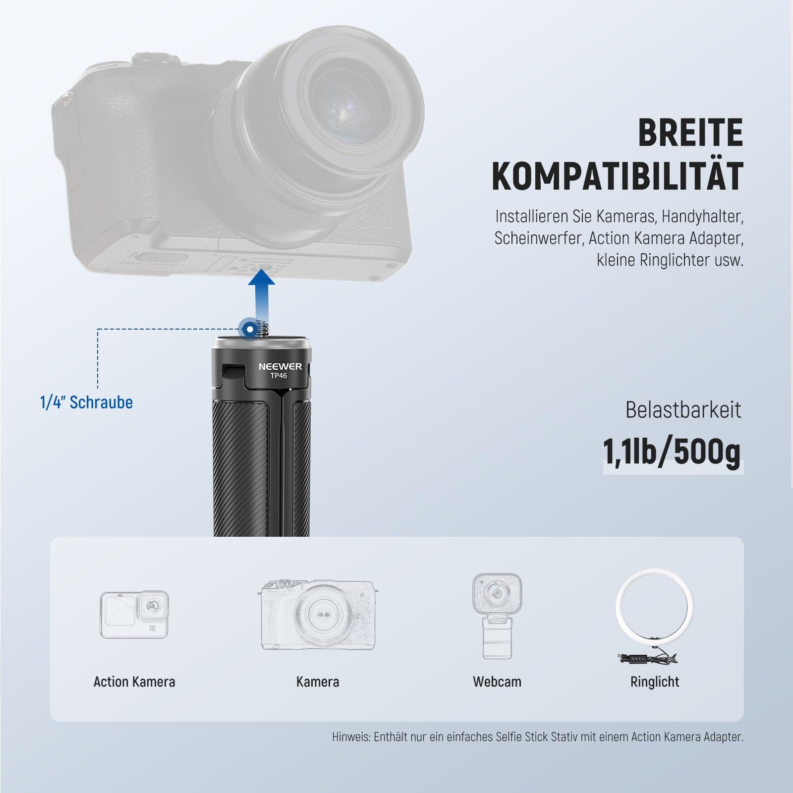 Neewer TP46 Selfie Stick Stativ, Höhenverstellbar 16-41.5 cm, 1/4" Schraube Ministativ (Mini Vlogging Tischstativ für GoPro Action Kameras DSLR Insta360 DJI)