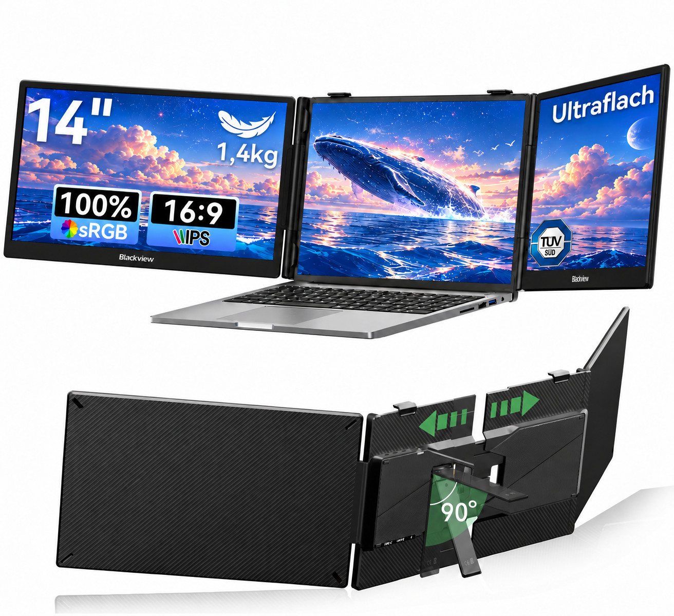 blackview Dual-Screen-Laptop-Bildschirm Monitor ultra-dünn LCD Extender Portabler Monitor (1920x1080 px, Full HD, IPS, 180°, 13,3-17,3 Zoll & Windows/Mac/Android/Chrome-Kompatibilität)
