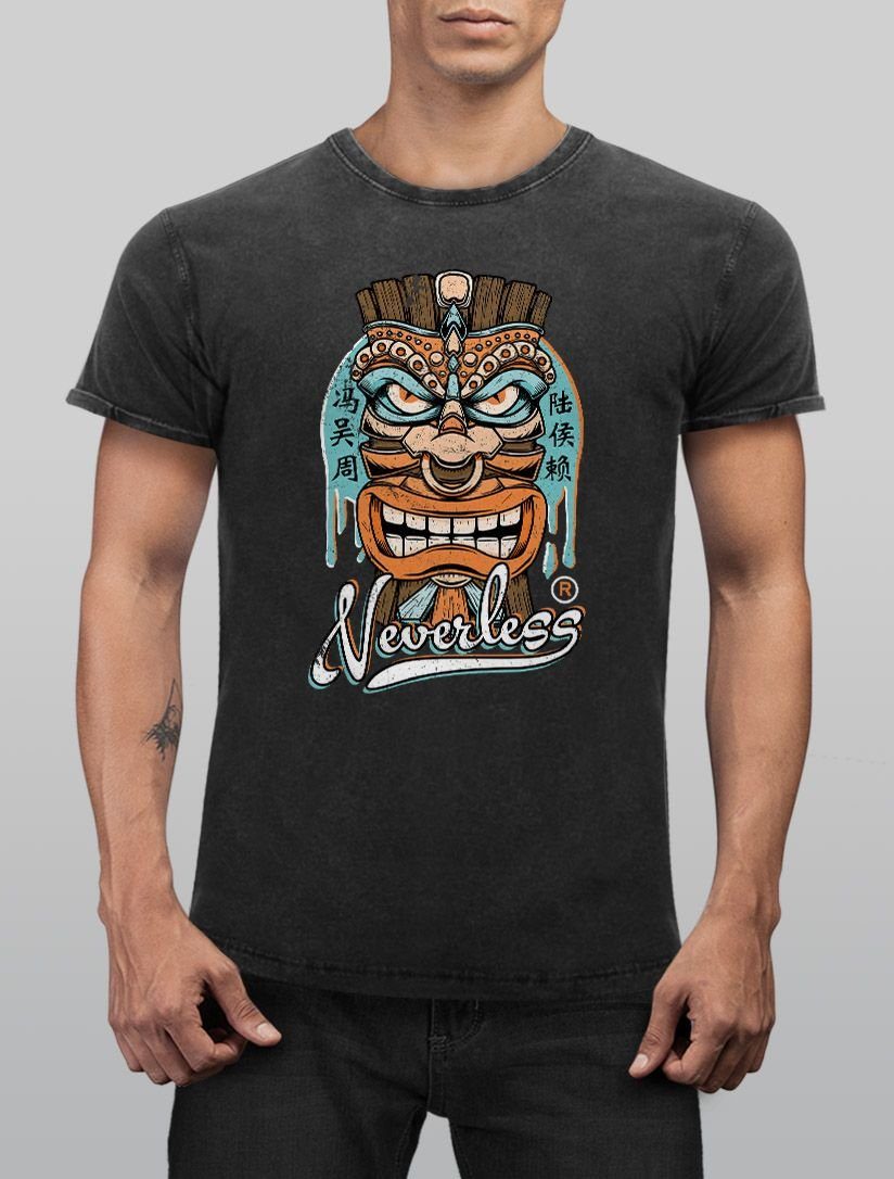 Used Look Vintage Fit Neverless Herren Slim Neverless® Figur Hawaii T-Shirt mit Printshirt Print Maske Print-Shirt Tiki Totem Shirt Aufdruck